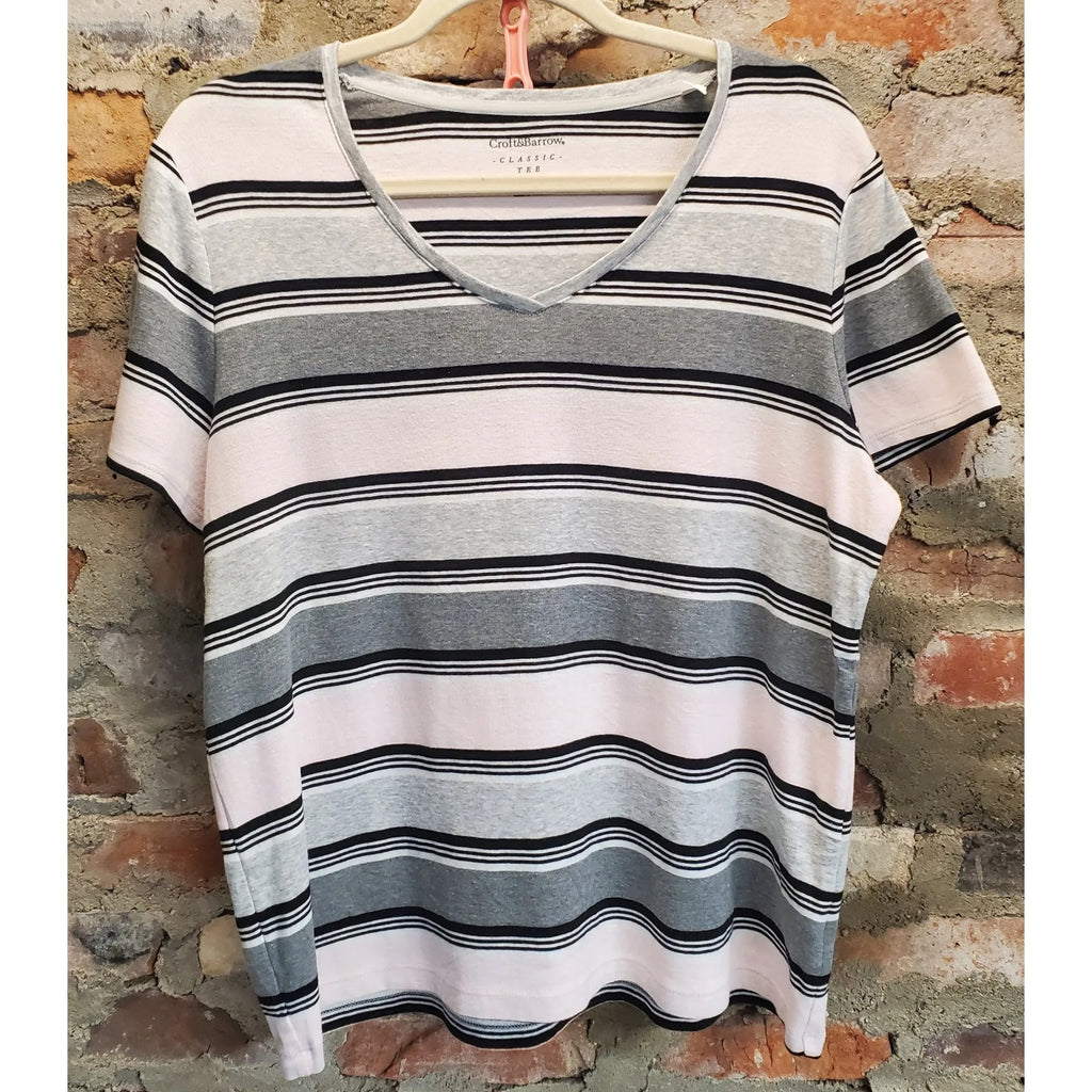 Croft & Barrow Womens Classic T-Shirt Size XXL Pink Gray Striped V-Neck Top
