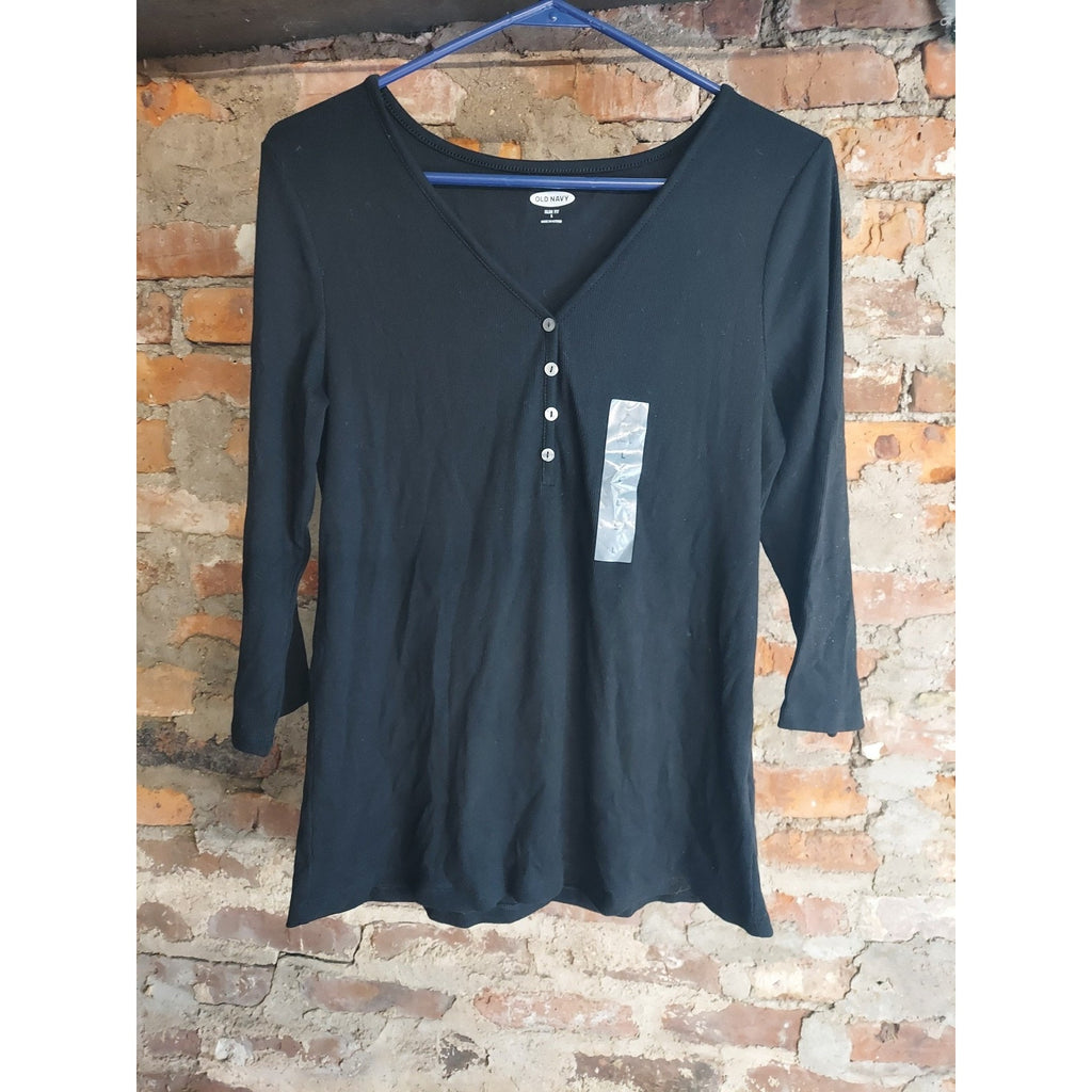 Old Navy Womens Henley Shirt Slim Fit Ribbed V Neck Long Sleeve L Black