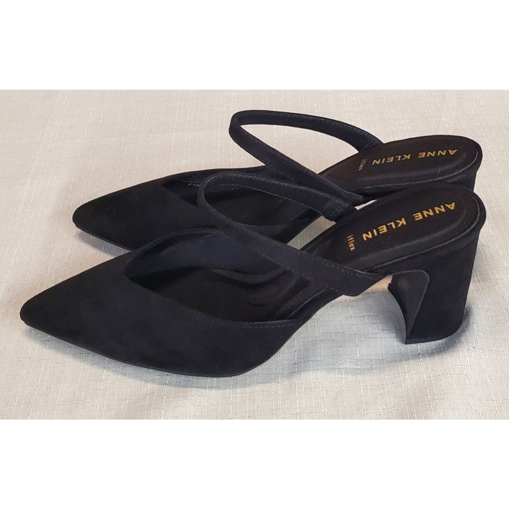 Anne Klein Womens Sz 8.5 Black iflex Mules Slingback Pointed Toe Block Heels