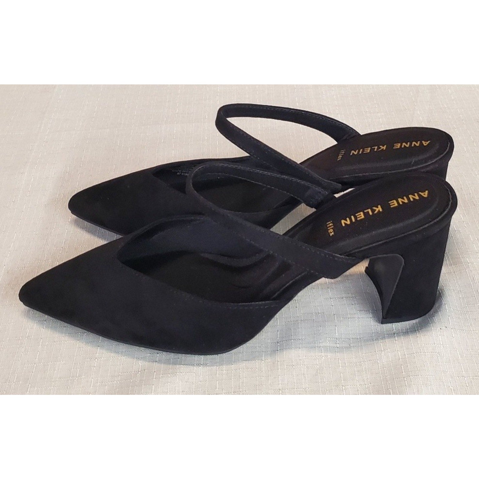 Anne Klein Womens Sz 8.5 Black iflex Mules Slingback Pointed Toe Block Heels