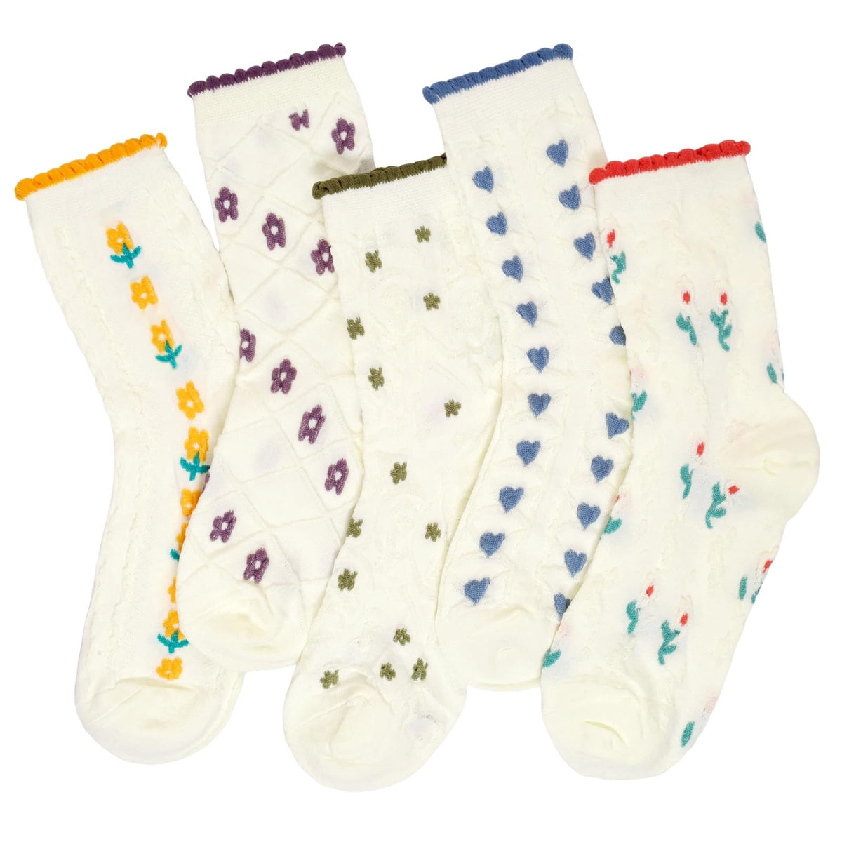Womens 5 Pack White Crew Socks Floral Heart Pattern Scalloped Trim