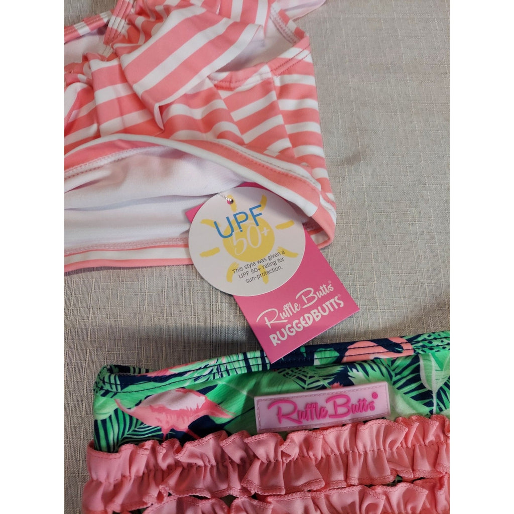 Ruffle Butts Girls Baby 12-18mo Bikini One Shoulder Ruffle Flamingo UPF 50