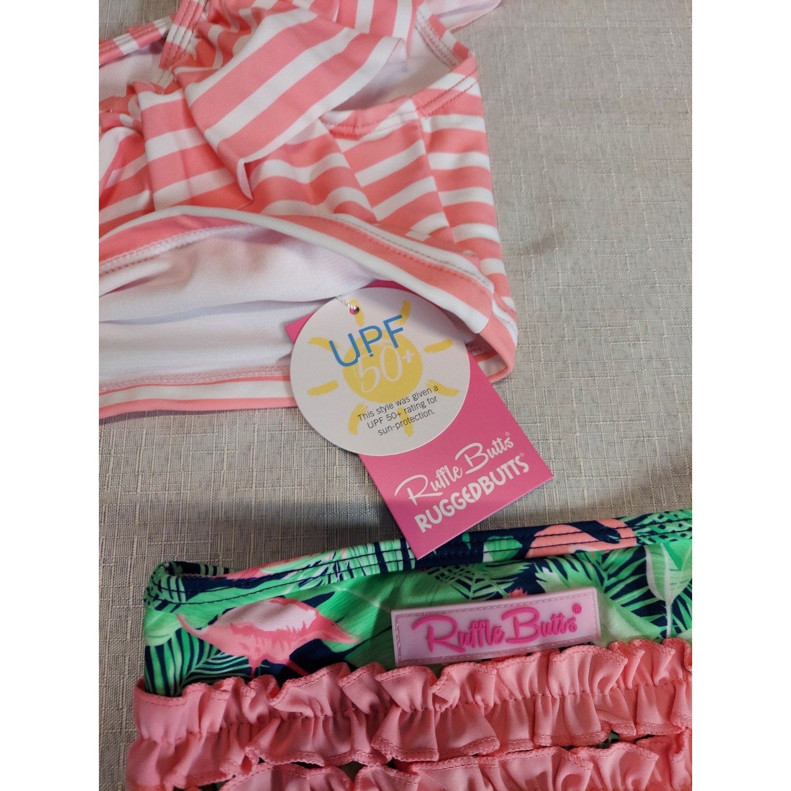 Ruffle Butts Girls Baby 12-18mo Bikini One Shoulder Ruffle Flamingo UPF 50