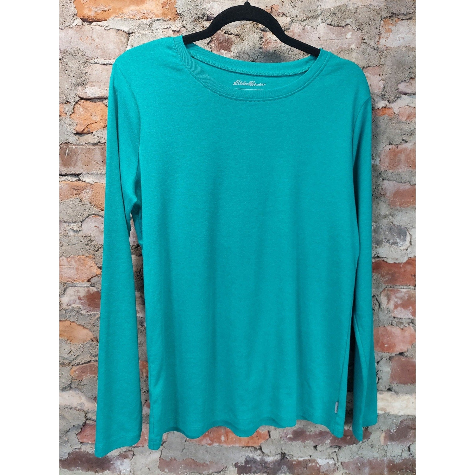 Eddie Bauer Womens Long Sleeve T Shirt XL Teal Cotton Crew Neck Solid Casual