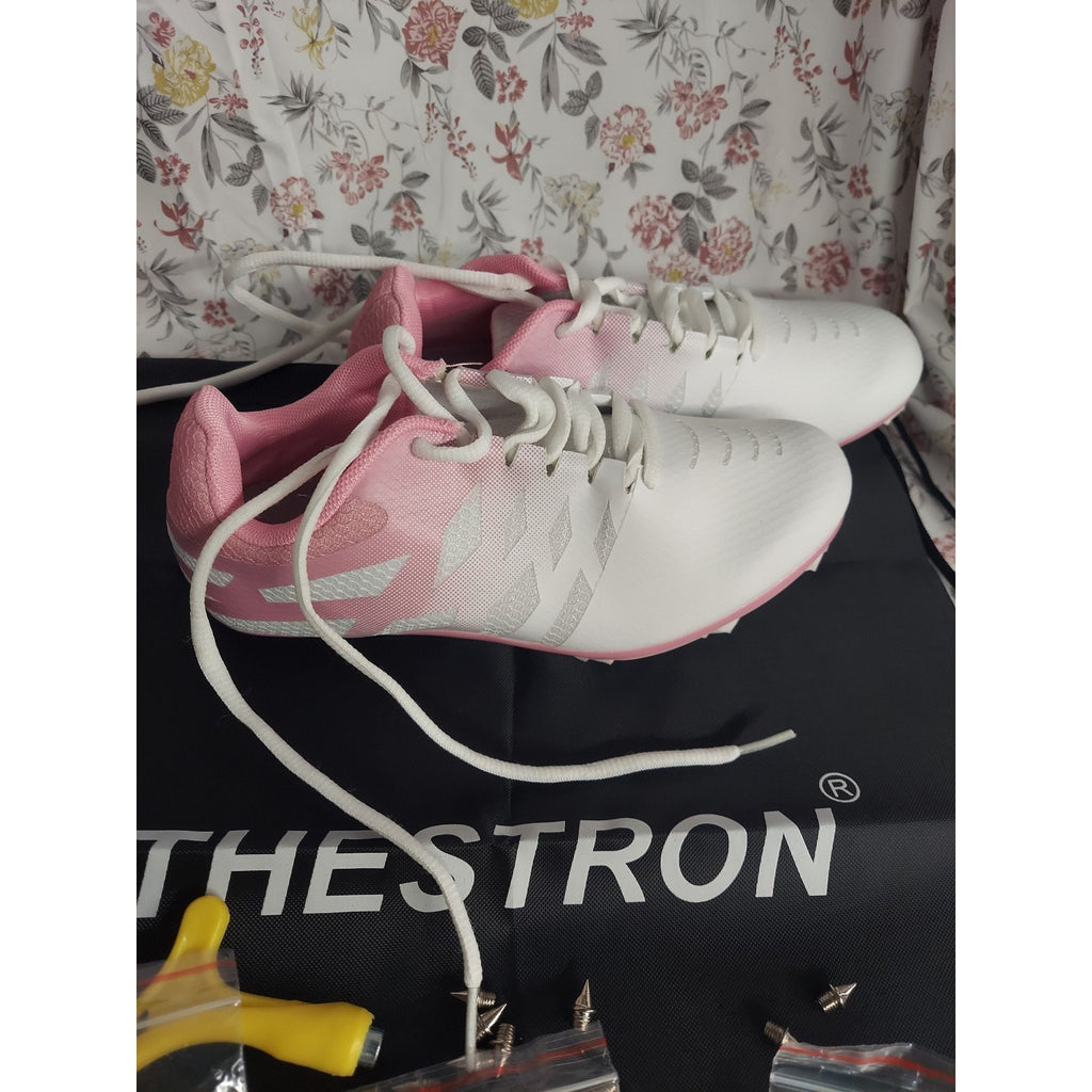 THESTRON Girls Sz 8 Track Spikes Running Sprint Racing Shoes White Pink Athletic