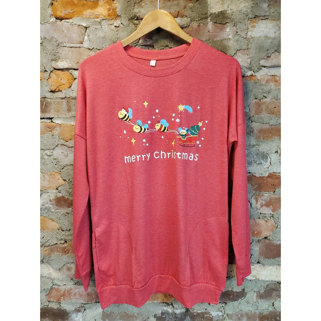 Womens Christmas Sweatshirt Small Heather Red Merry Bee Sleigh Graphic Pockets