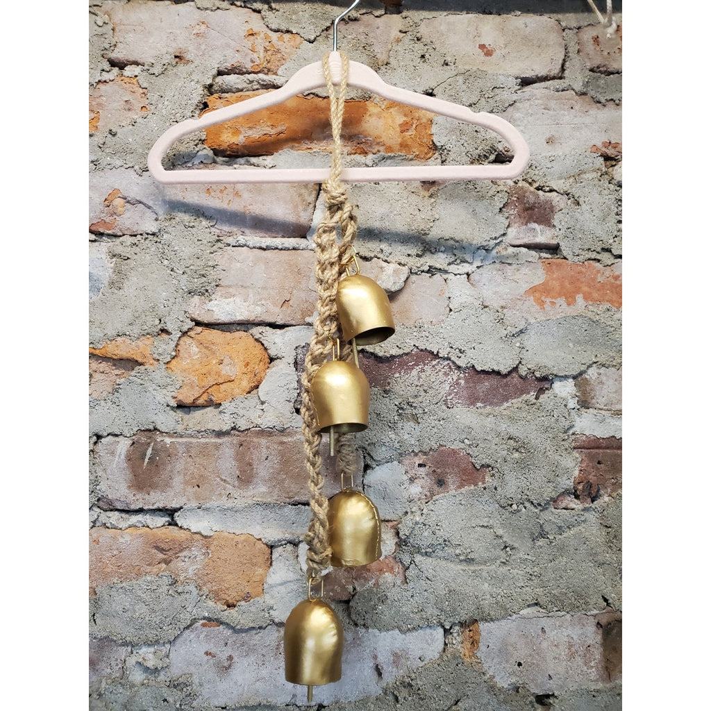 Rustic Boho Farmhouse Brass Tone Metal Bells Jute Rope Hanging Decor Chime