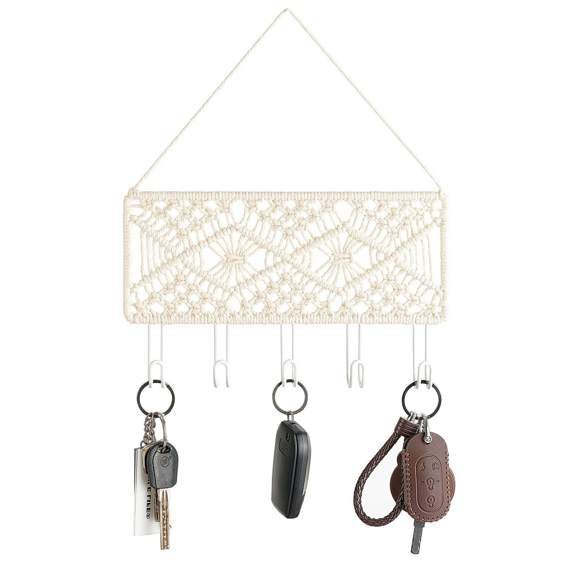 Macrame Key Holder Wall Mount Bohemian Boho Home Decor Entryway Key Rack Cream
