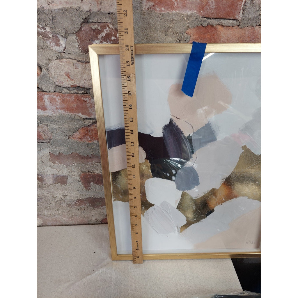 Abstract Framed Wall Art Set 2 Modern Gold Leaf Metallic White Gray Green Peach