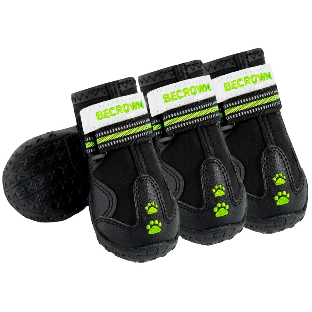 BECROWN Dog Boots Waterproof Anti Slip Paw Protectors Black Green Reflective