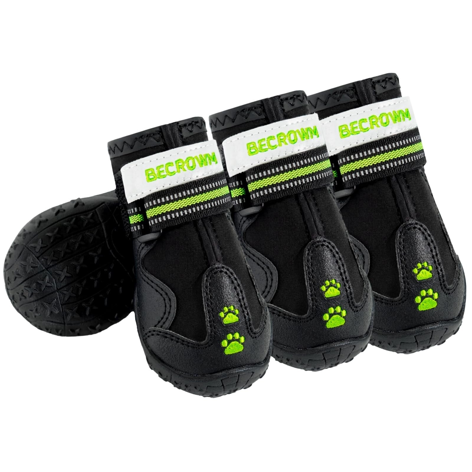 BECROWN Dog Boots Waterproof Anti Slip Paw Protectors Black Green Reflective