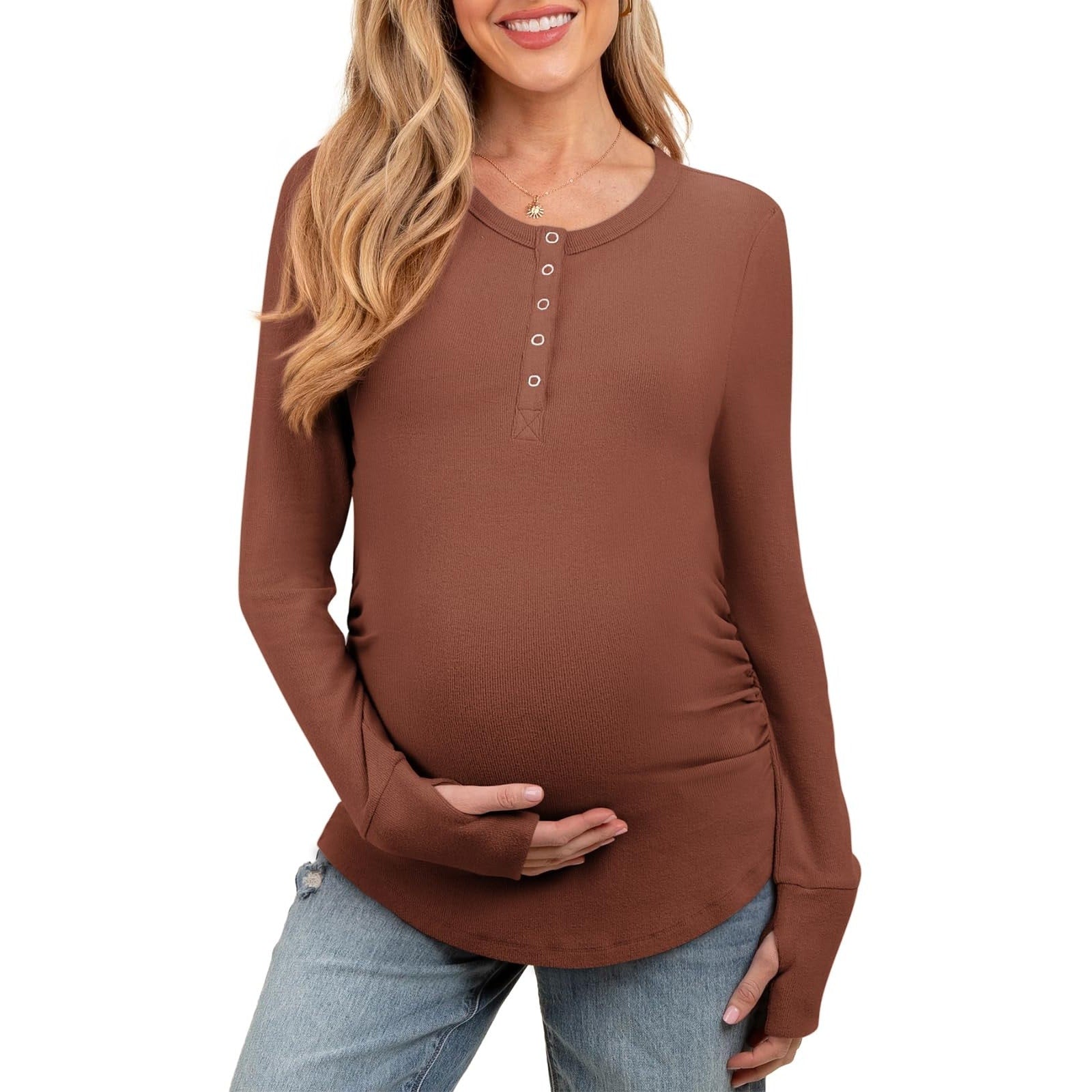 FMEYOA Womens S Maternity Nursing Long Sleeve Henley Side Ruched Ribbed Shirt