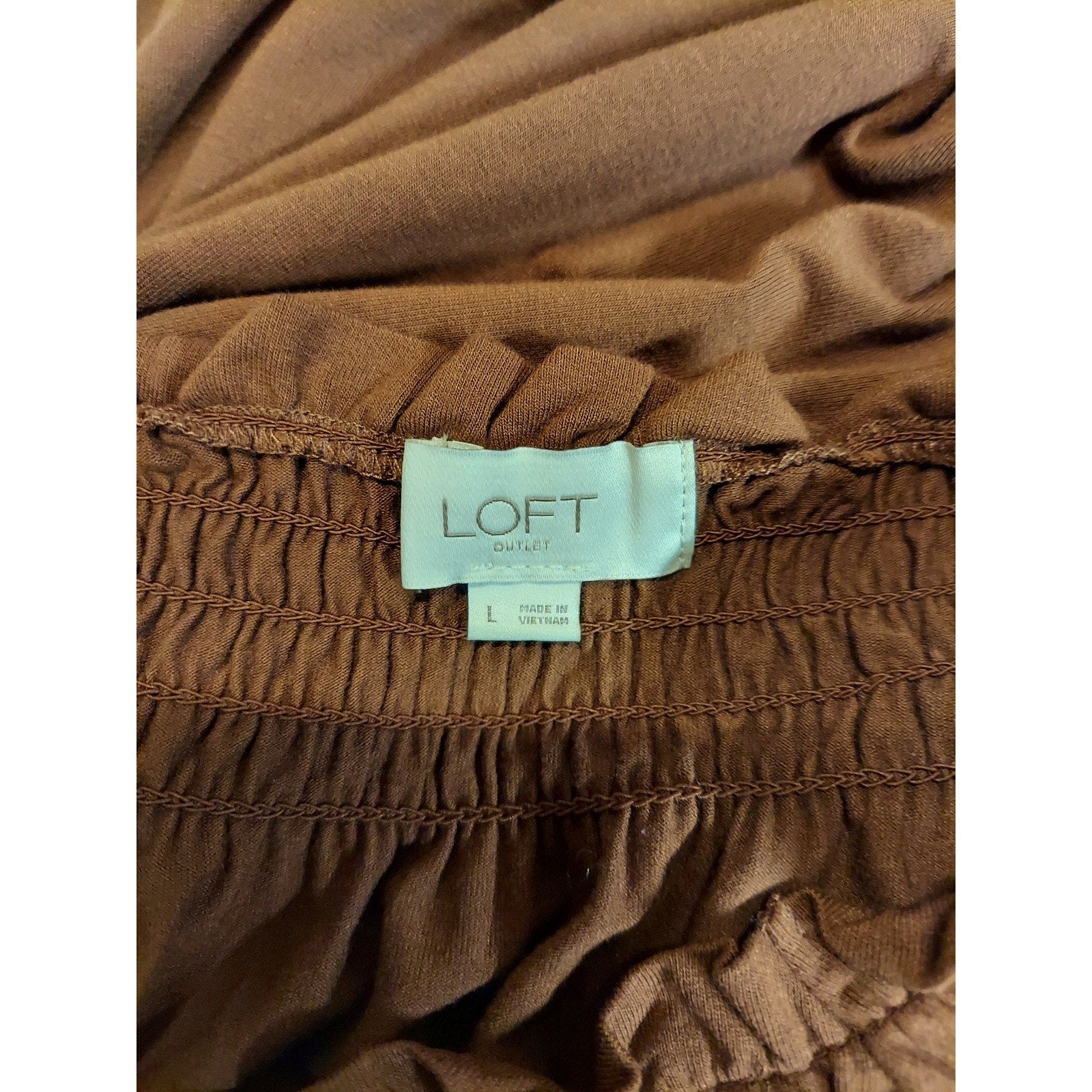 LOFT Outlet Womens L Brown Ruffle Smocked Neck Long Sleeve Pullover Blouse