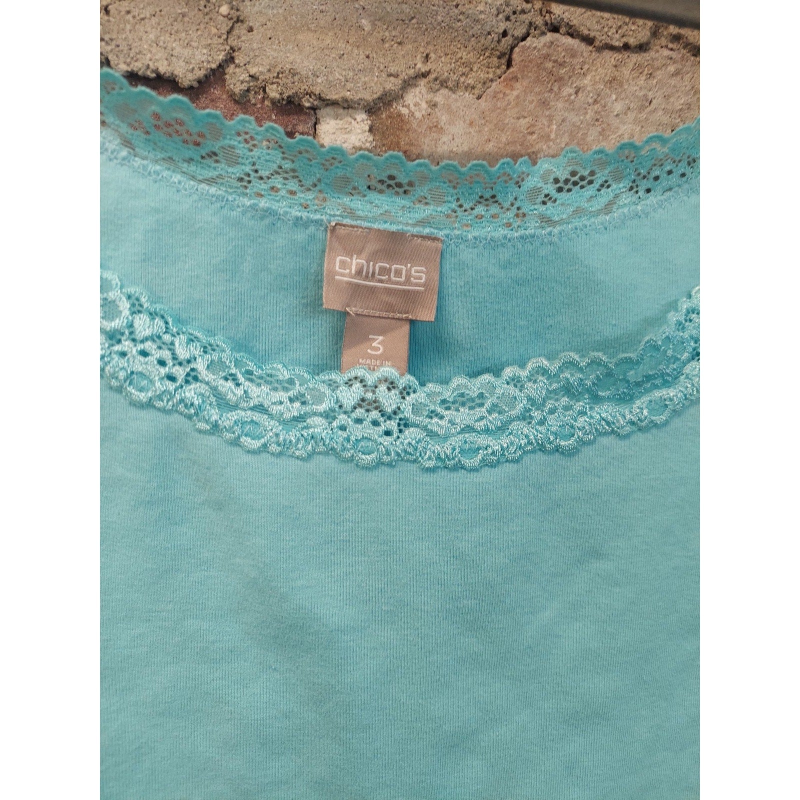 Chico's Womens Tank Top Size 3 Turquoise Lace Trim Cami Knit Shirt