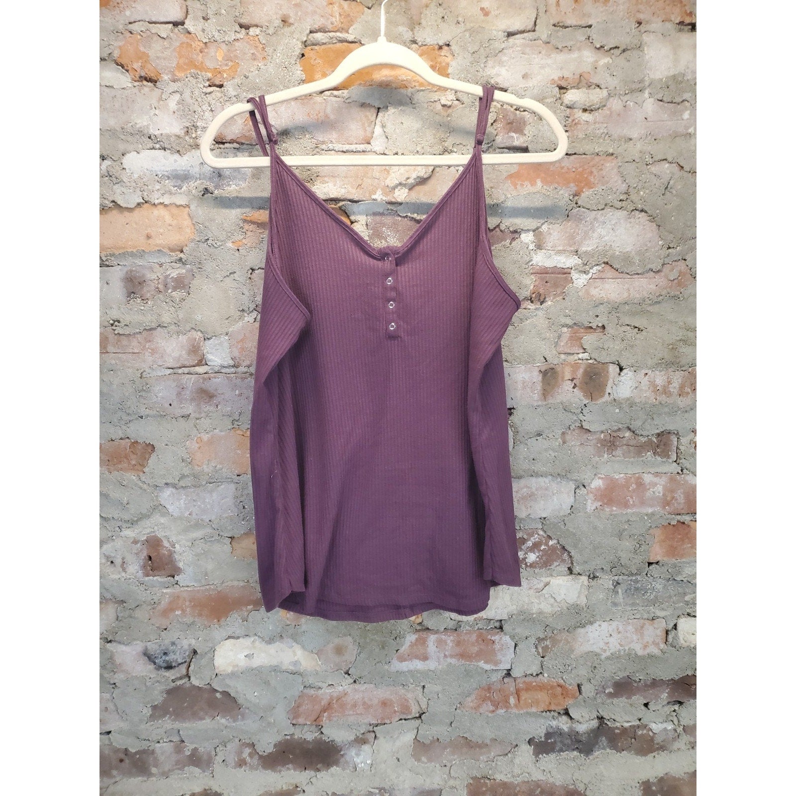 ZENANA Womens Ribbed Tank Top 2X Plum V Neck Button Front Spaghetti Strap
