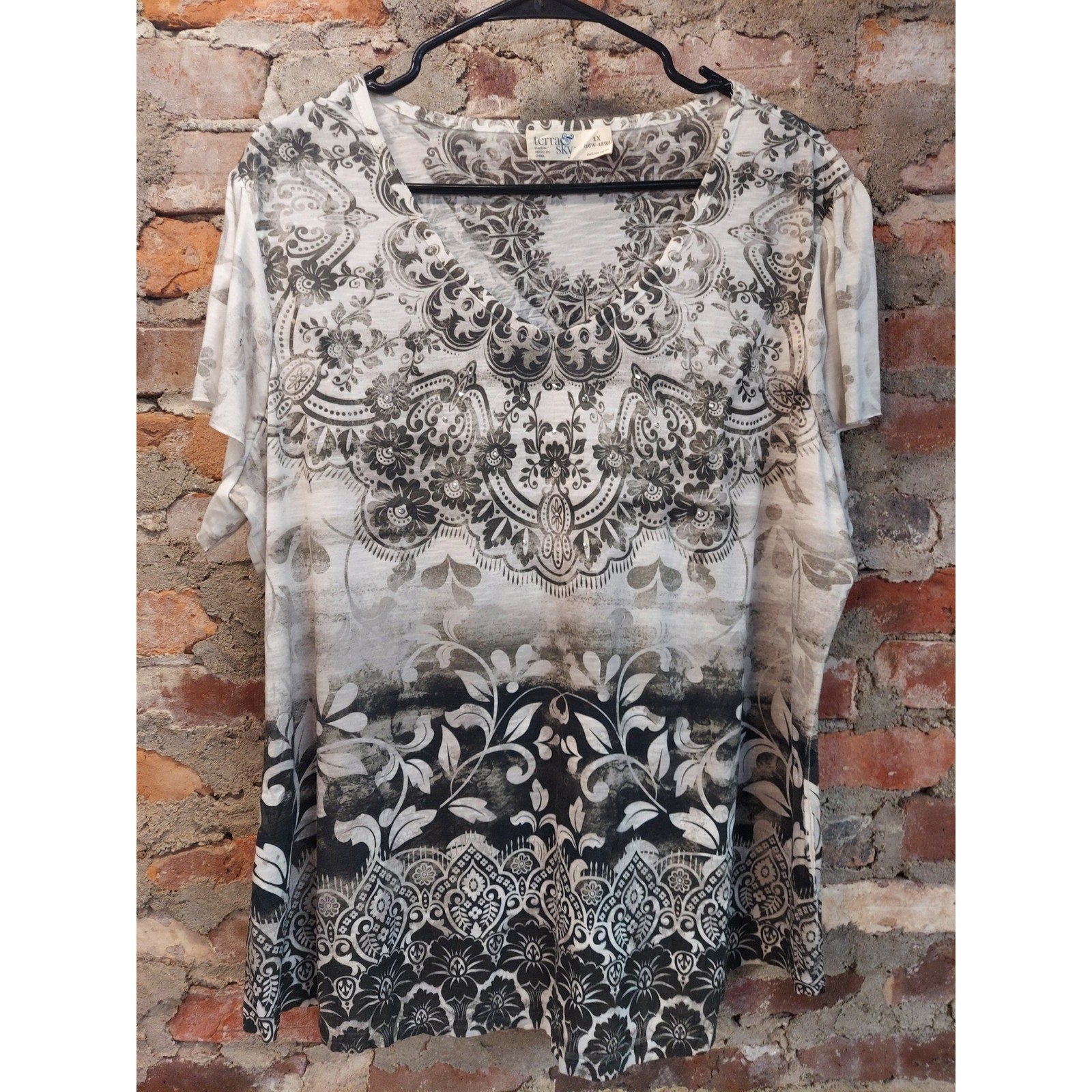 Terra & Sky Womens Short Sleeve T Shirt 1X 16W 18W Floral Paisley Mandala Print