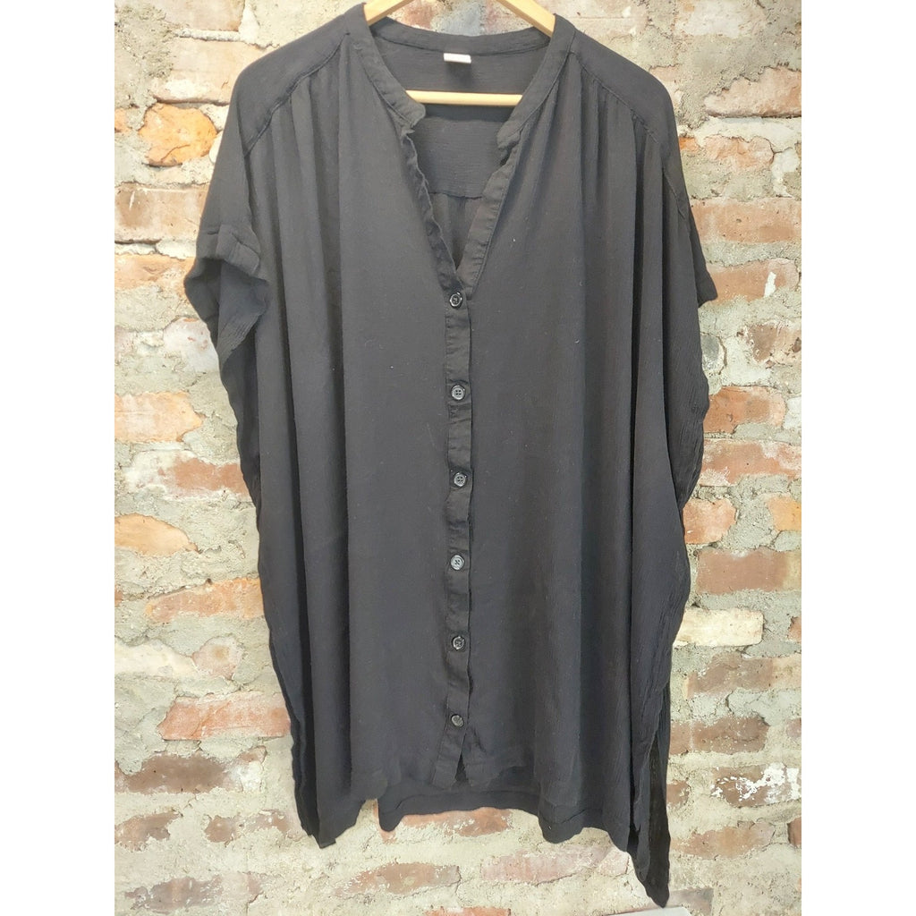 Peyton Parker Womens Tunic Top 0X Black V Neck Button Down Loose Fit Rayon