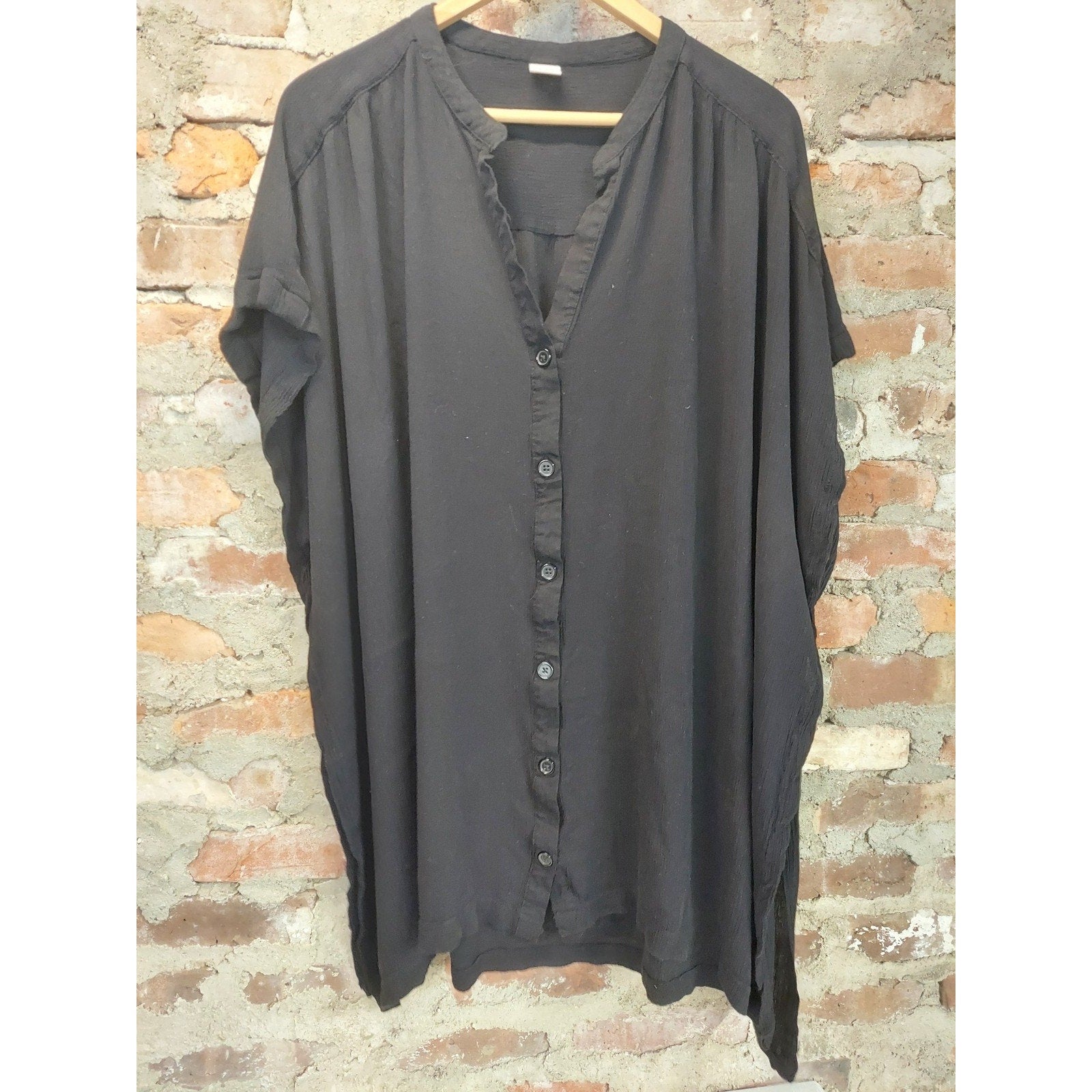 Peyton Parker Womens Tunic Top 0X Black V Neck Button Down Loose Fit Rayon