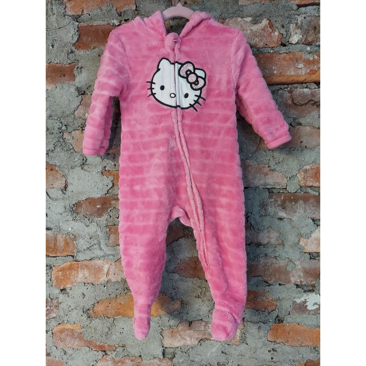 Hello Kitty Infant Girls Romper Sleepsuit Jumpsuit Pink Plush Hooded Full Zip 9M