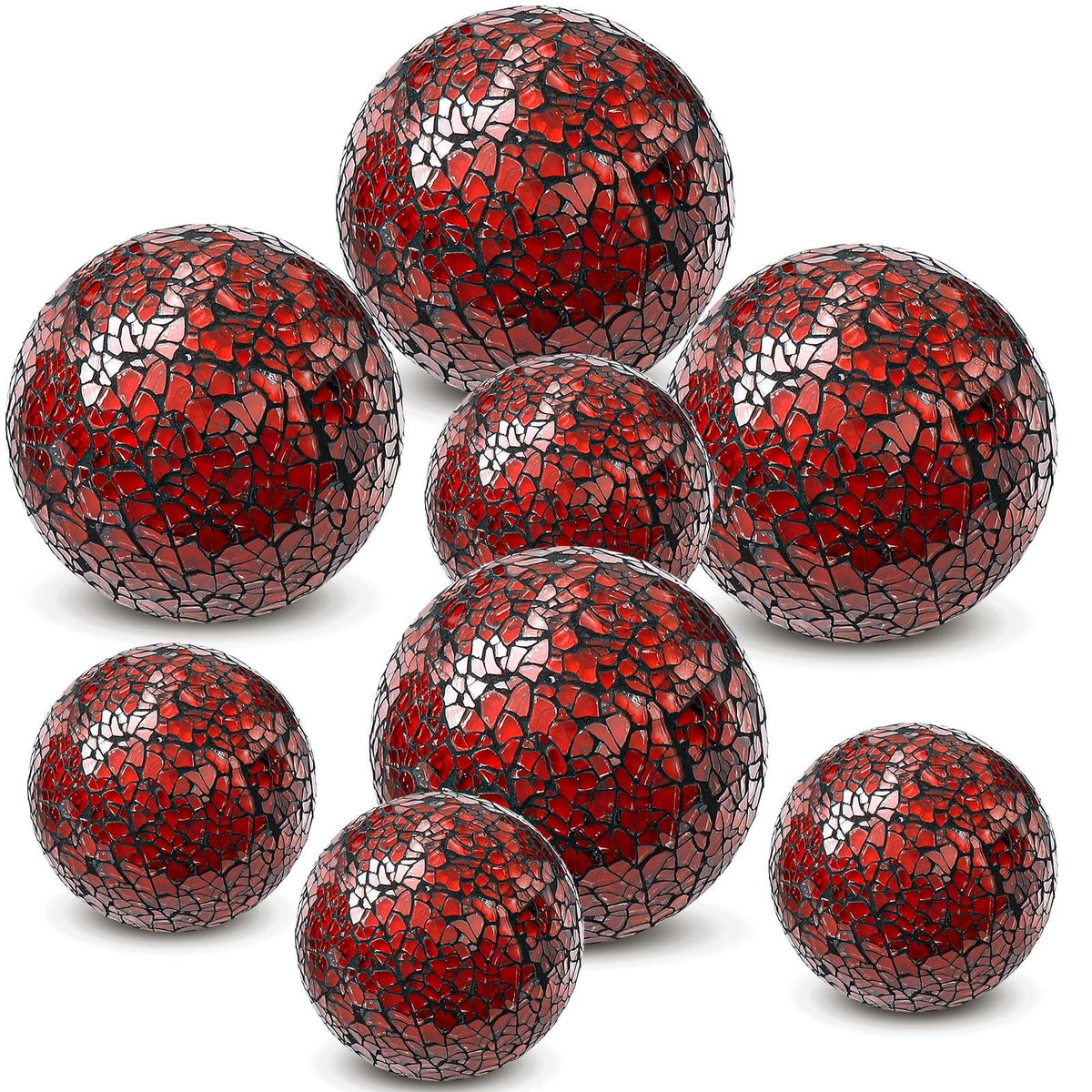 Qinyoung Red Mosaic Decorative Spheres Cracked Glass Set 8 Varying Sizes
