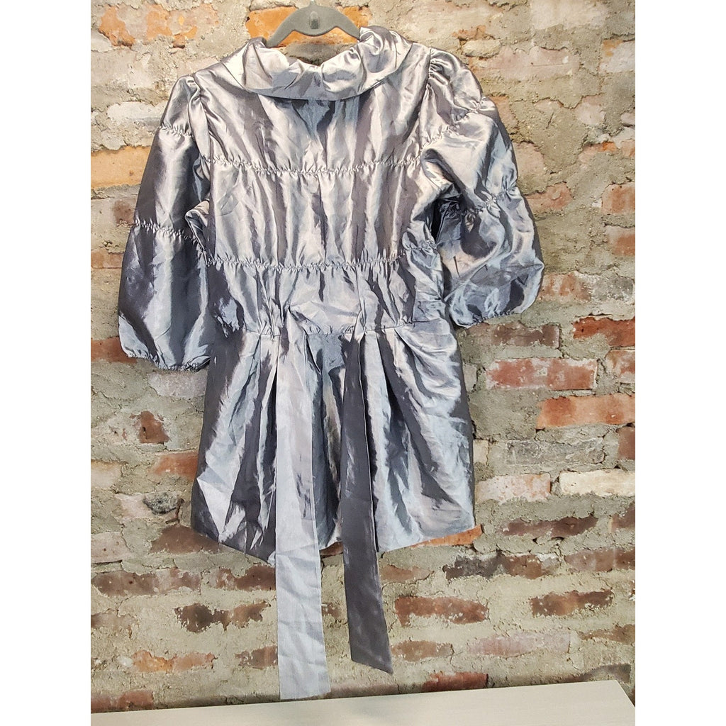 Oboe Girls Silver Jacket L Puff Sleeve Tie Waist Collared Polyester