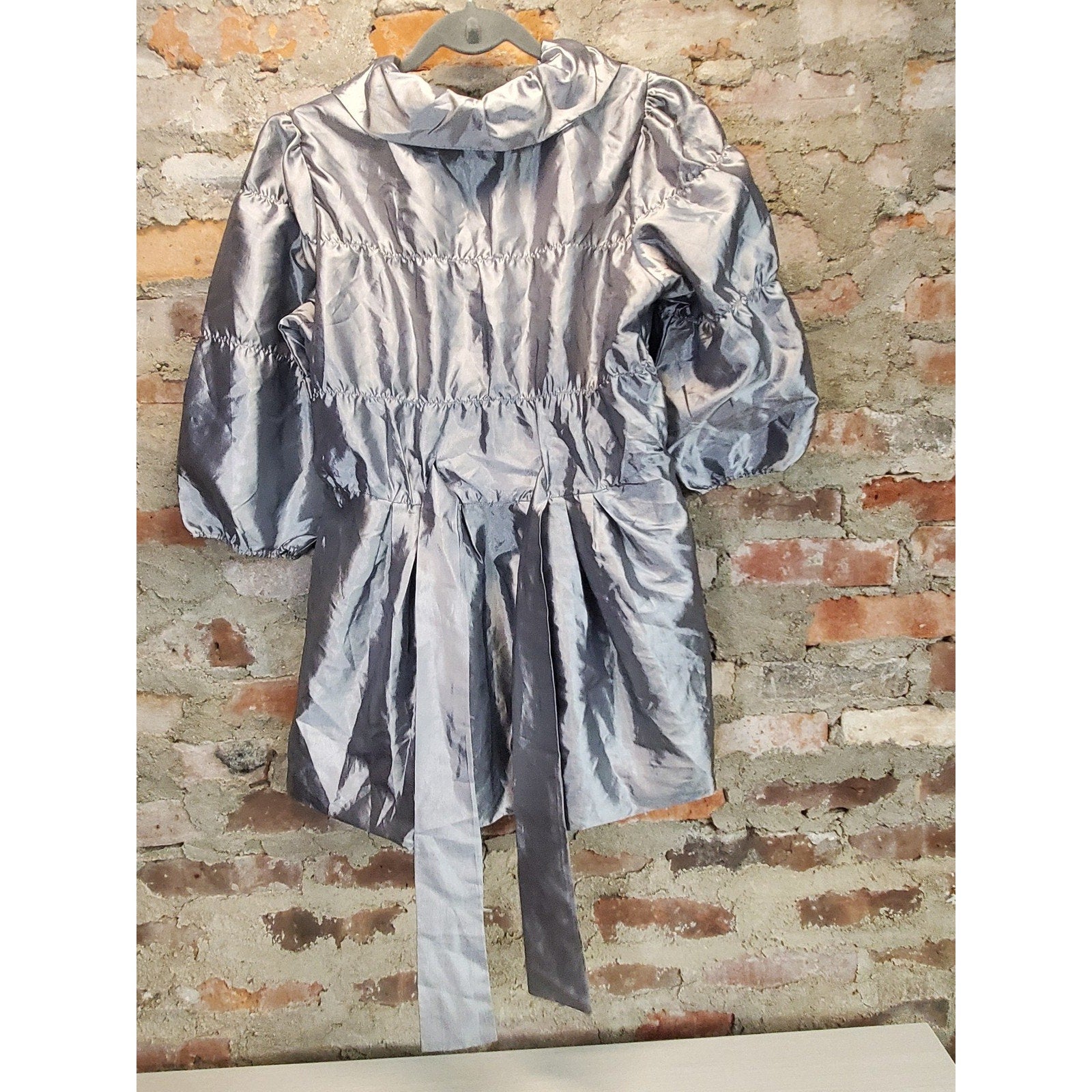 Oboe Girls Silver Jacket L Puff Sleeve Tie Waist Collared Polyester