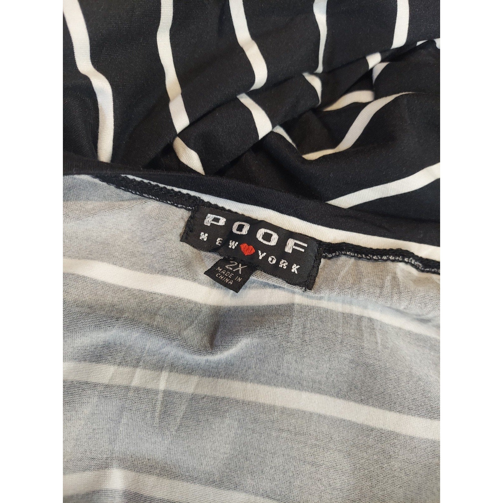 POOF NEW YORK Womens T Shirt 2X Black White Striped V Neck Short Sleeve