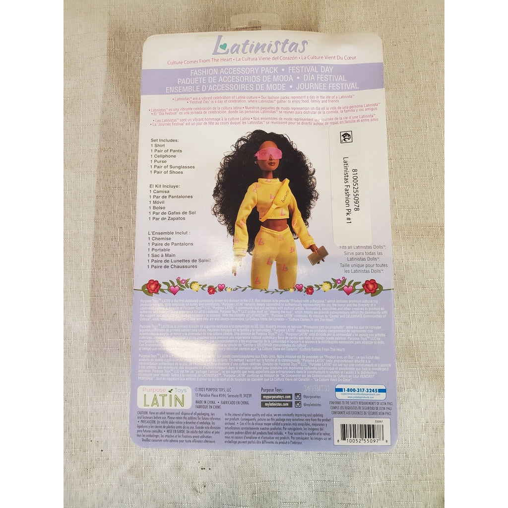 Latinistas Doll Fashion Pack Festival Day 7 Piece Yellow Pink Outfit Accessories