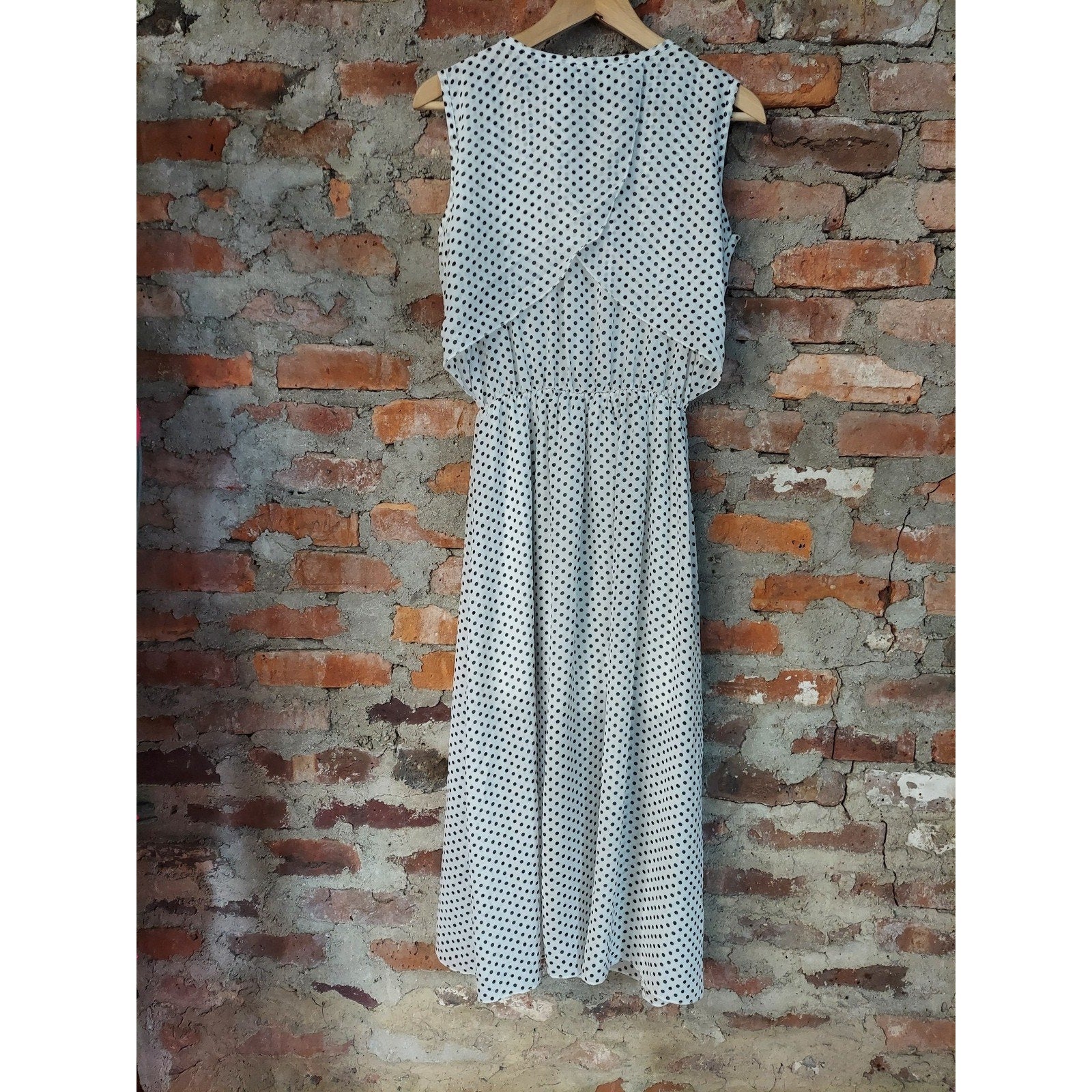 Wei yi mei Womens Maxi Dress XXL Black White Polka Dot Sleeveless Elastic Waist
