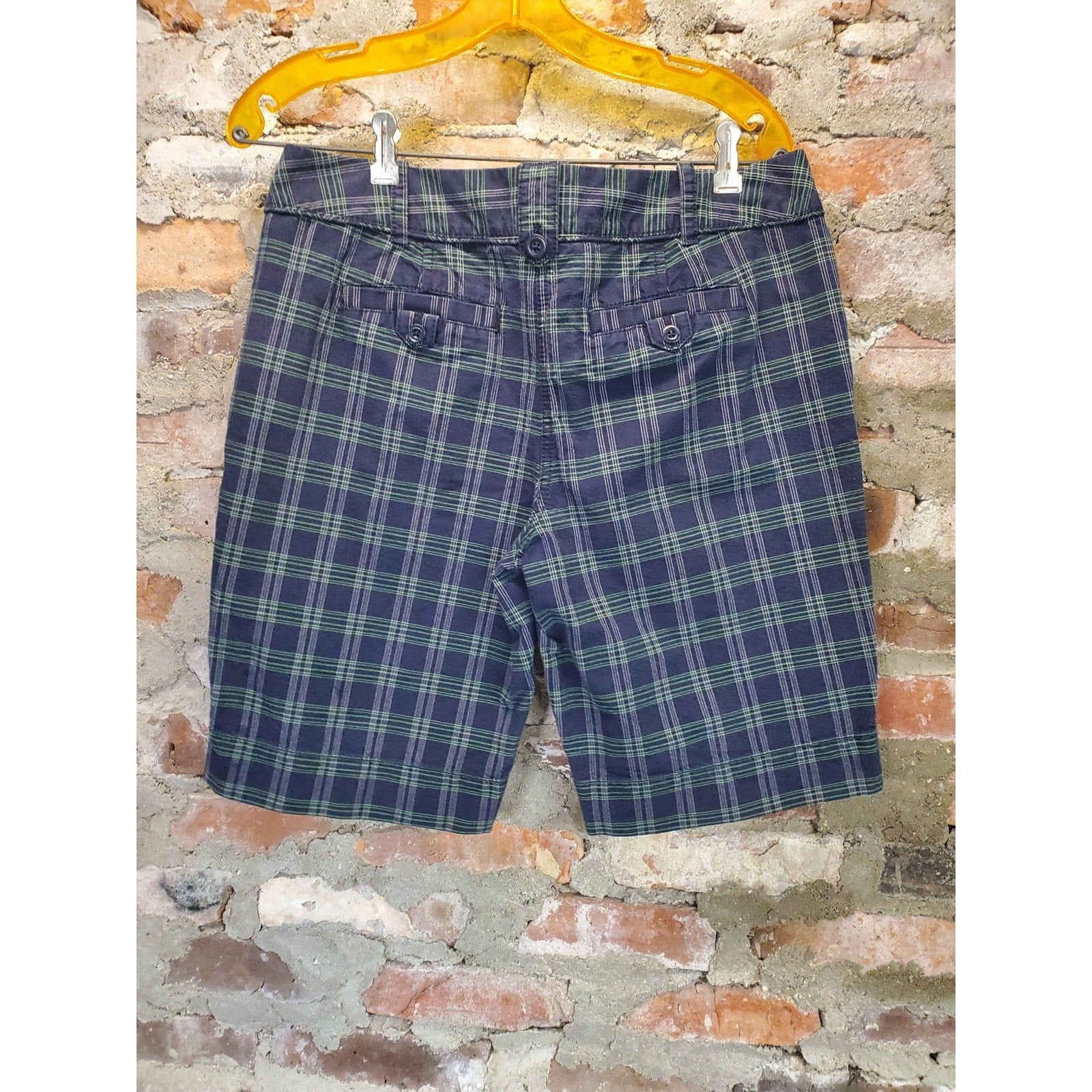 Ann Taylor LOFT Womens Plaid Shorts Size 8 Navy Blue Green Button Pockets