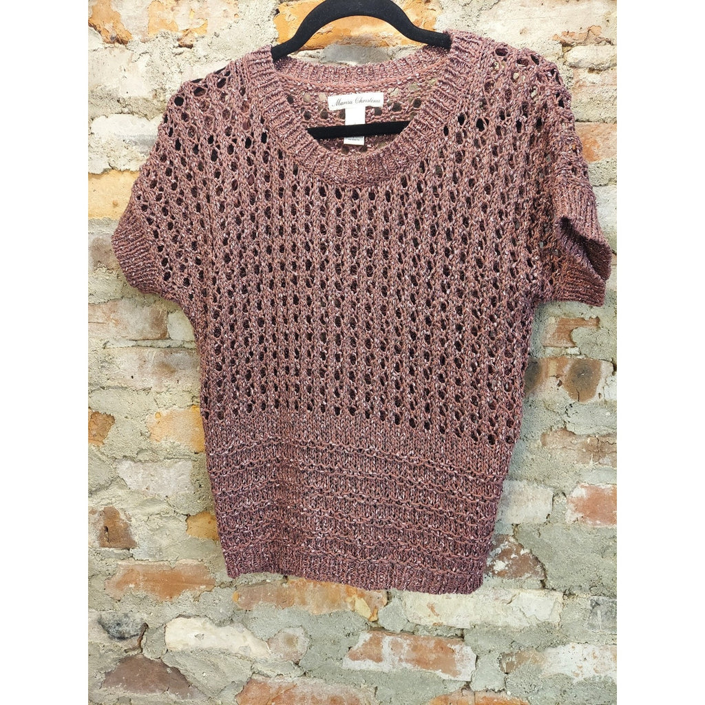 Marisa Christina Womens S Open Knit Short Sleeve Knit Top Mauve Metallic