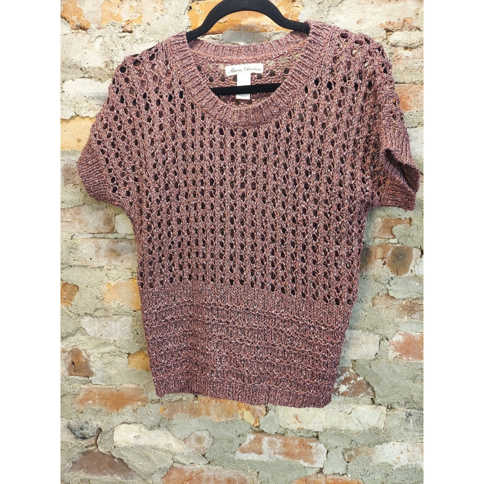 Marisa Christina Womens S Open Knit Short Sleeve Knit Top Mauve Metallic