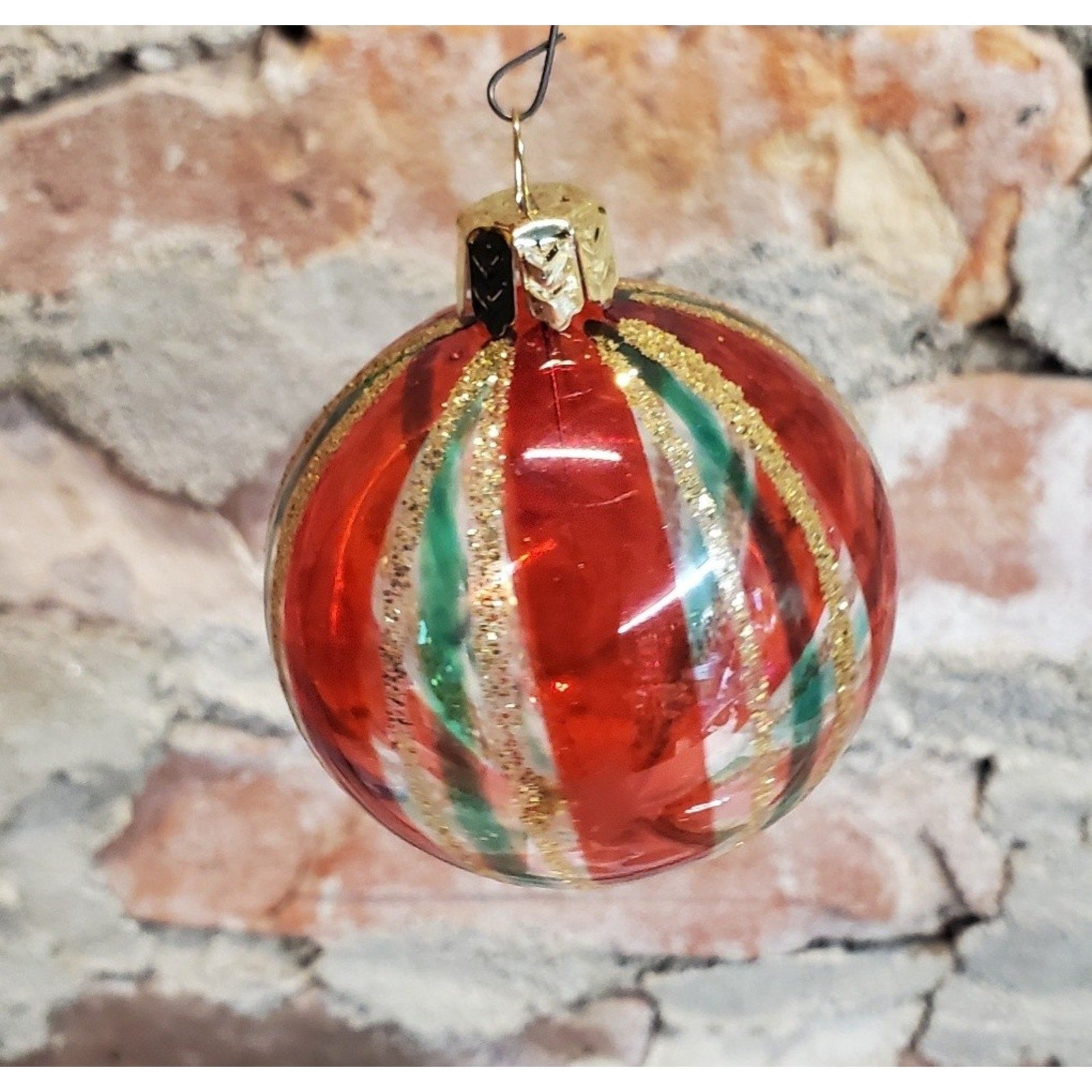 Christmas Ornaments Glass Glitter Striped Red Green Gold Ball Set Vintage