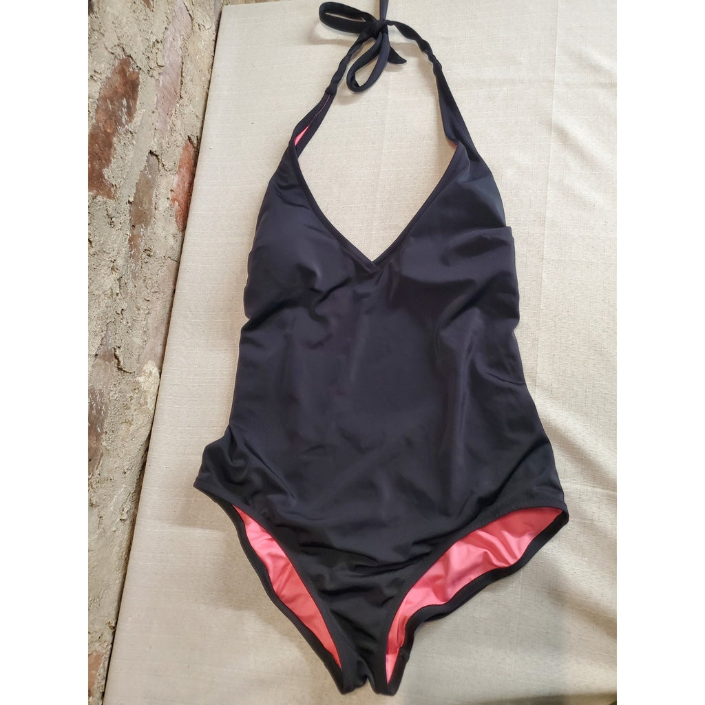 PINK Victoria Secret Womens Sz L Halter One Piece Swimsuit Large Black Pink