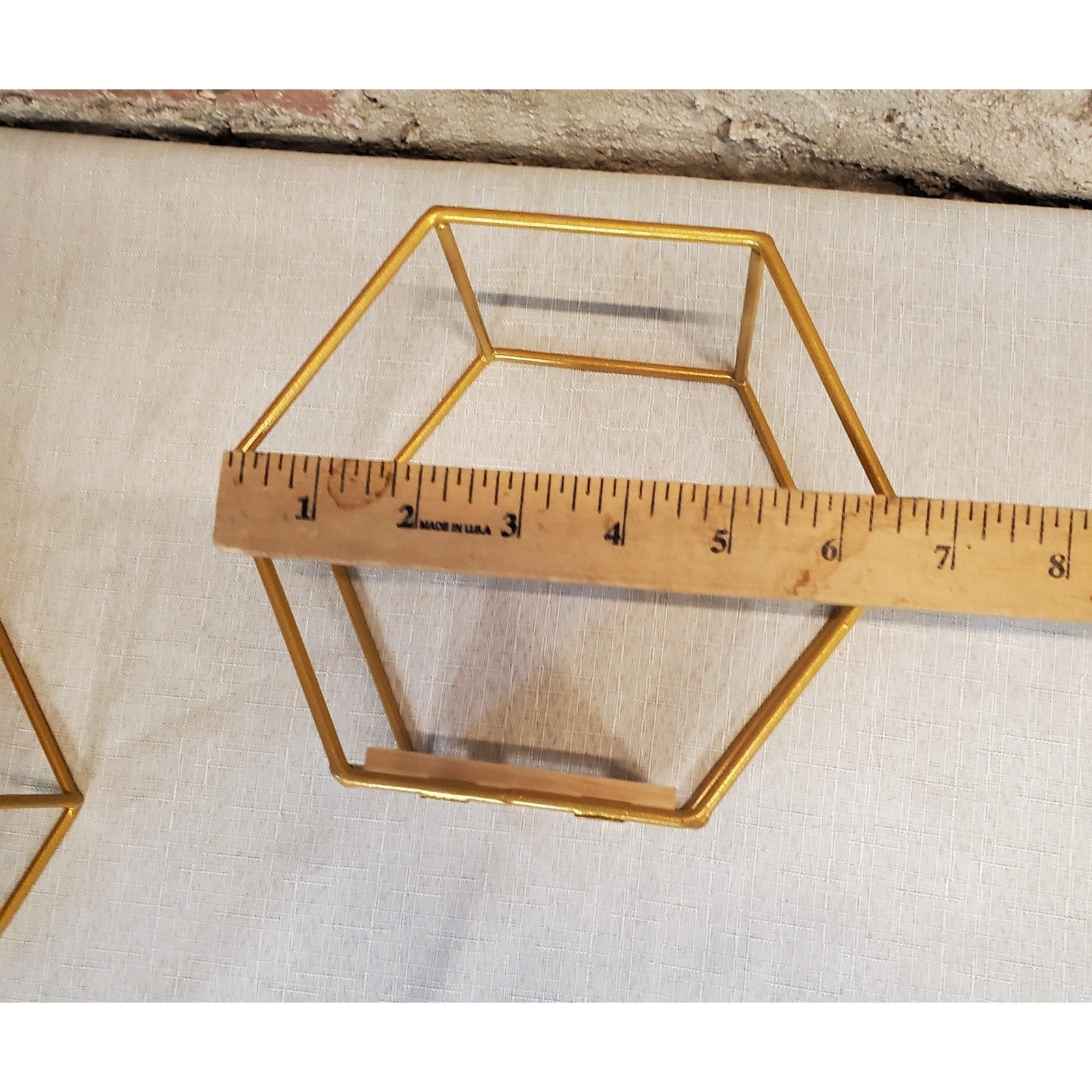 Gold Hexagon Floating Wall Shelves Set of 2 Geometric Metal Wood Display Decor