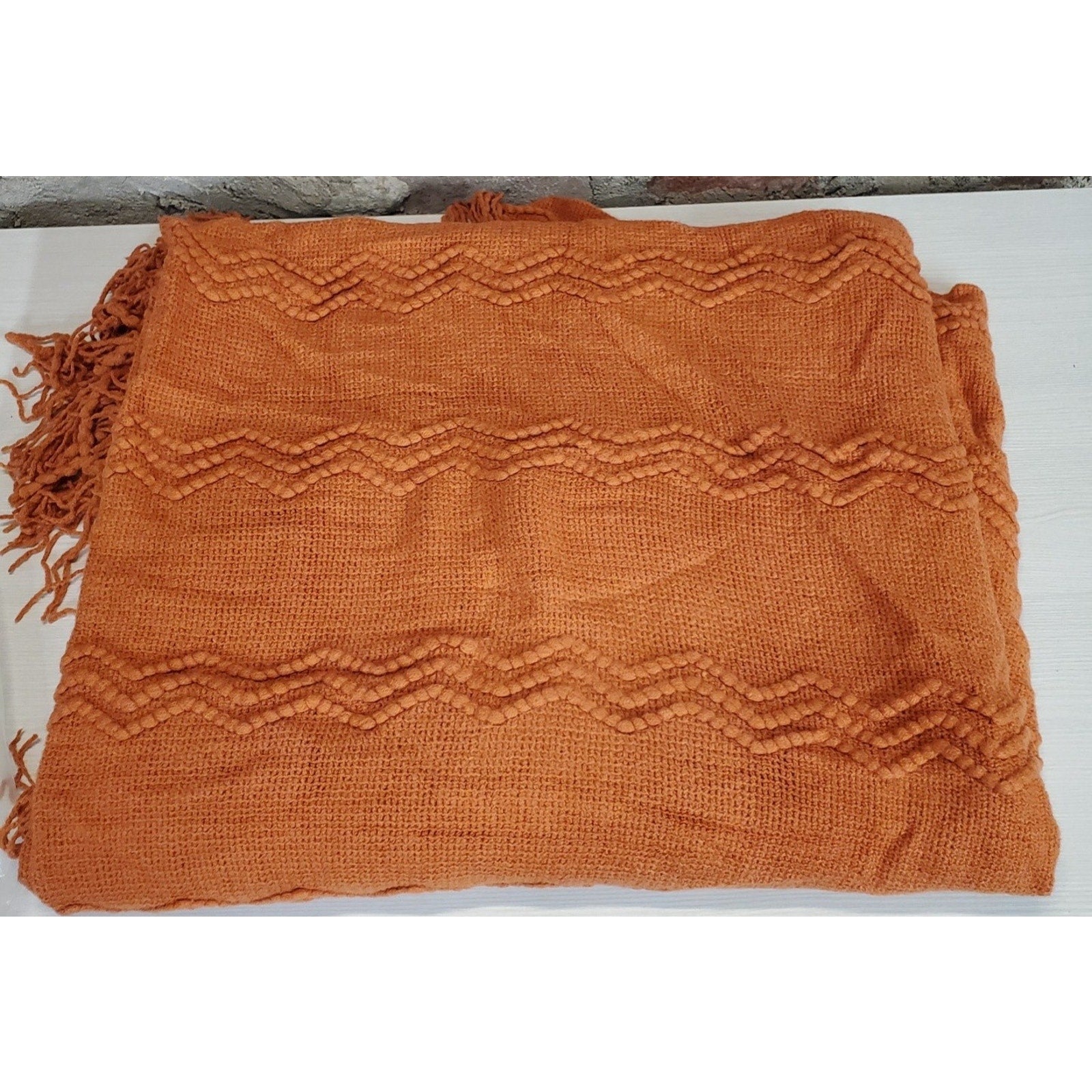 Rust Orange Throw Blanket Textured Chevron Fringe Pattern Soft Cozy