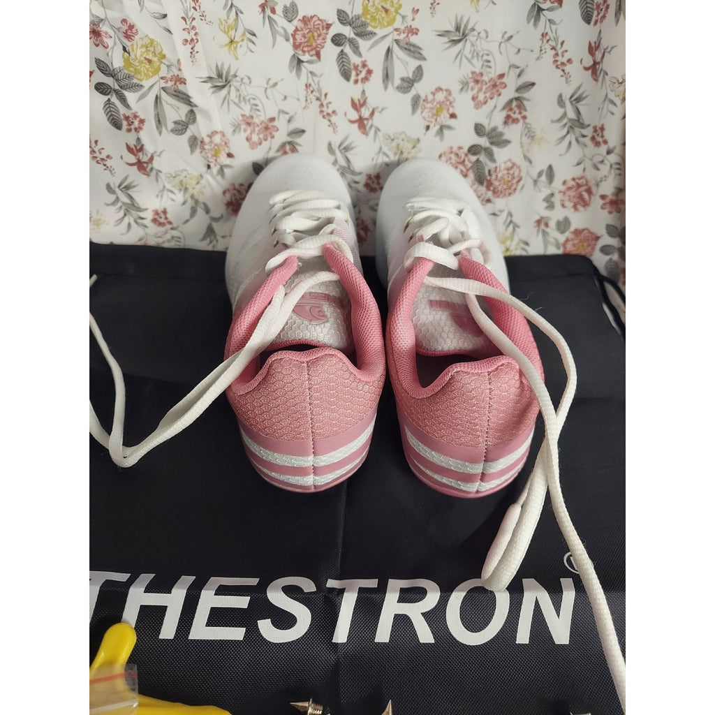 THESTRON Girls Sz 8 Track Spikes Running Sprint Racing Shoes White Pink Athletic