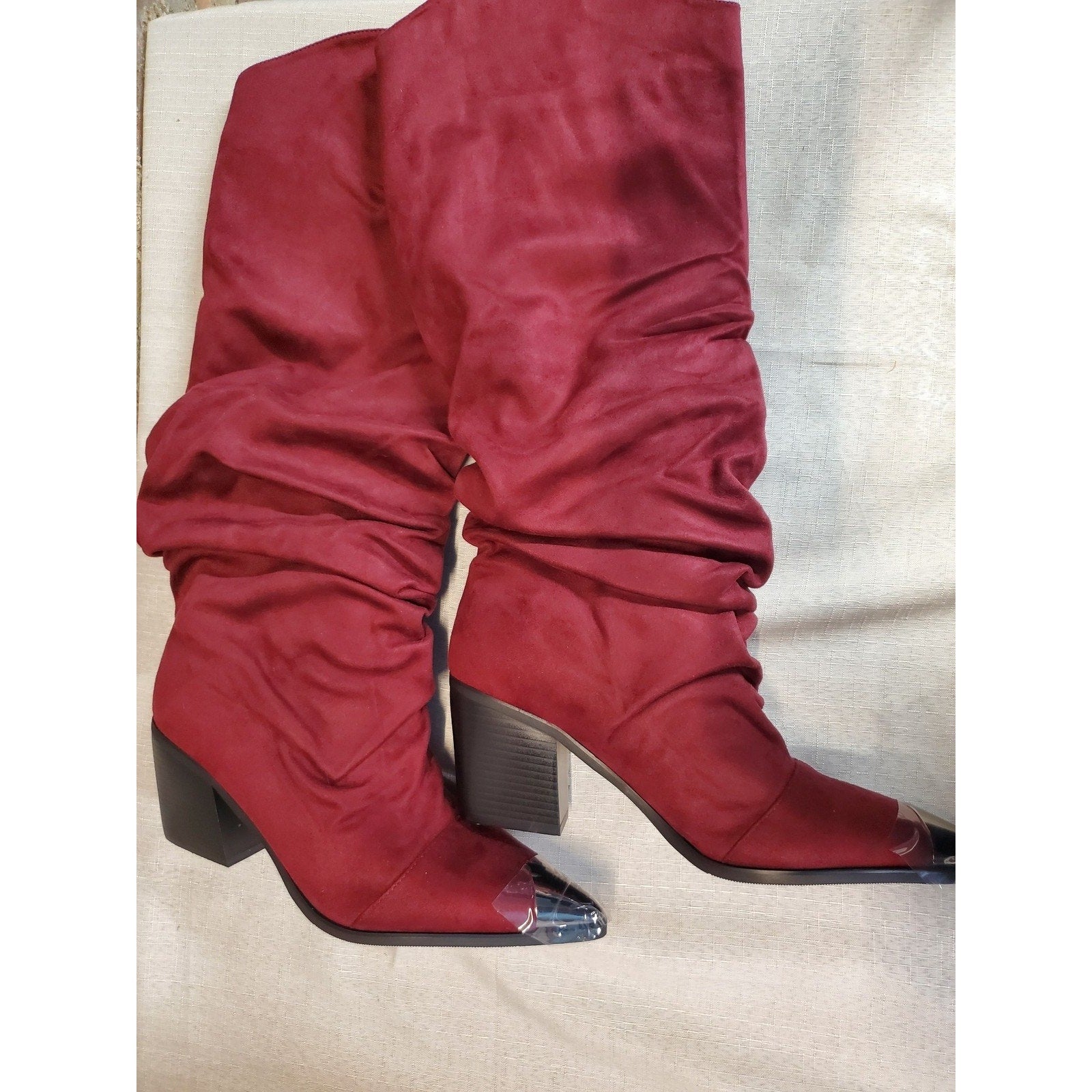 Womens 9 Slouch Boots Knee High Burgundy Red Faux Suede Pointed Toe Metallic Cap
