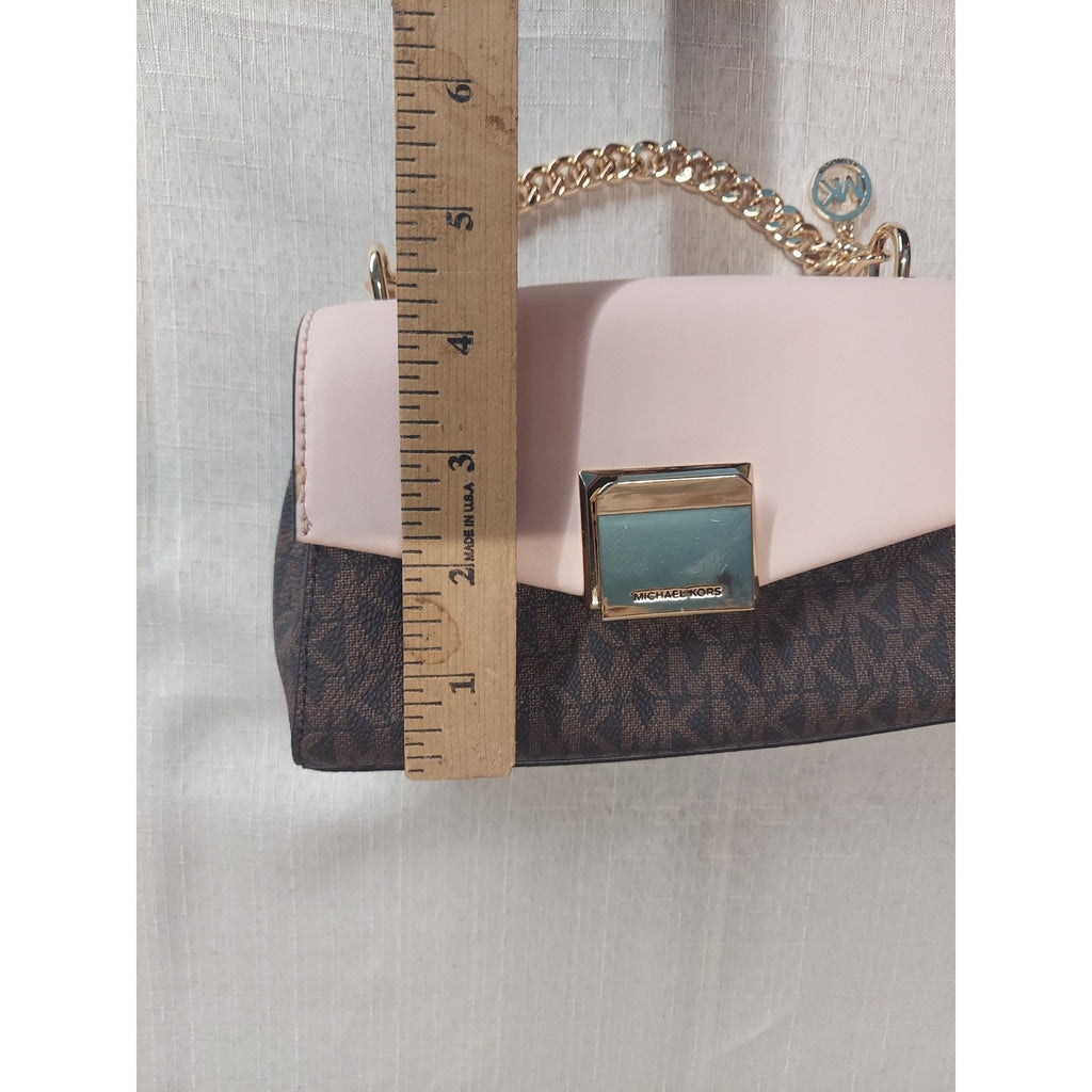 Michael Kors Womens MK Logo Pink Brown Crossbody Shoulder Handbag Gold Tone