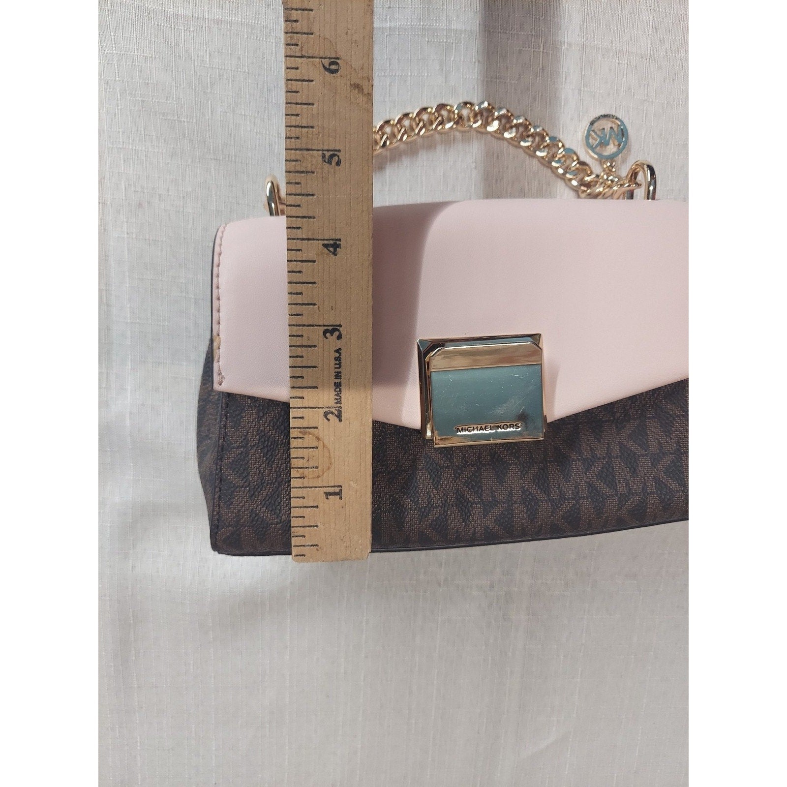 Michael Kors Womens MK Logo Pink Brown Crossbody Shoulder Handbag Gold Tone