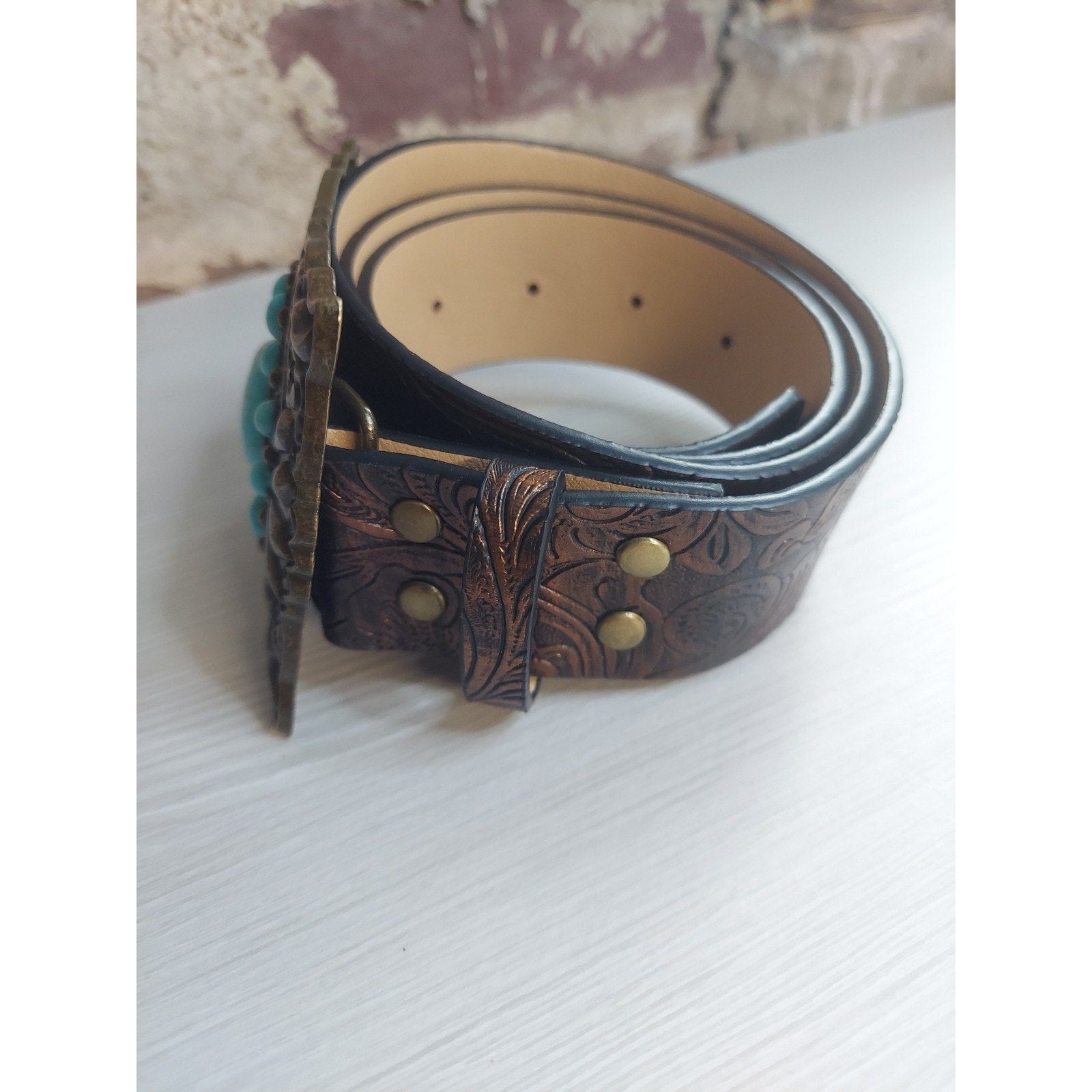Western Turquoise Belt Large Buckle 37" Tooled Boho Cowgirl Antique Gold Tone