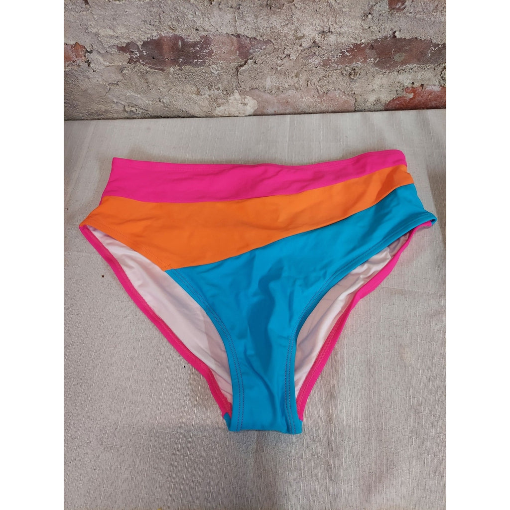 AQUA EVE Womens Swimsuit Bottoms L Multicolor High Waisted Color Block Swimwear