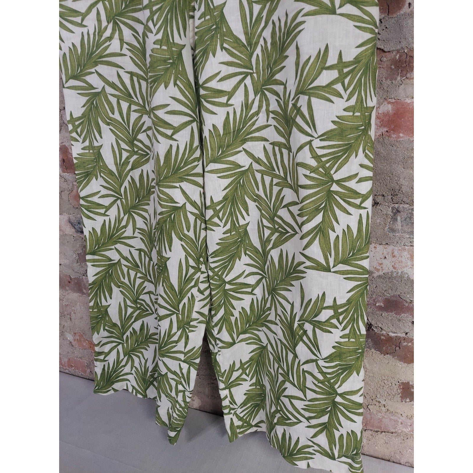 Nicole Miller New York Womens Wide Leg Linen Pants XL Green White Tropical Leaf