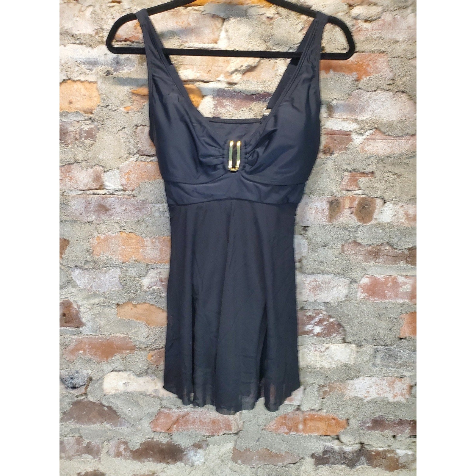 Esprit Womens Swimdress M Black V Neck Swimsuit Skirt Adjustable Strap NWT