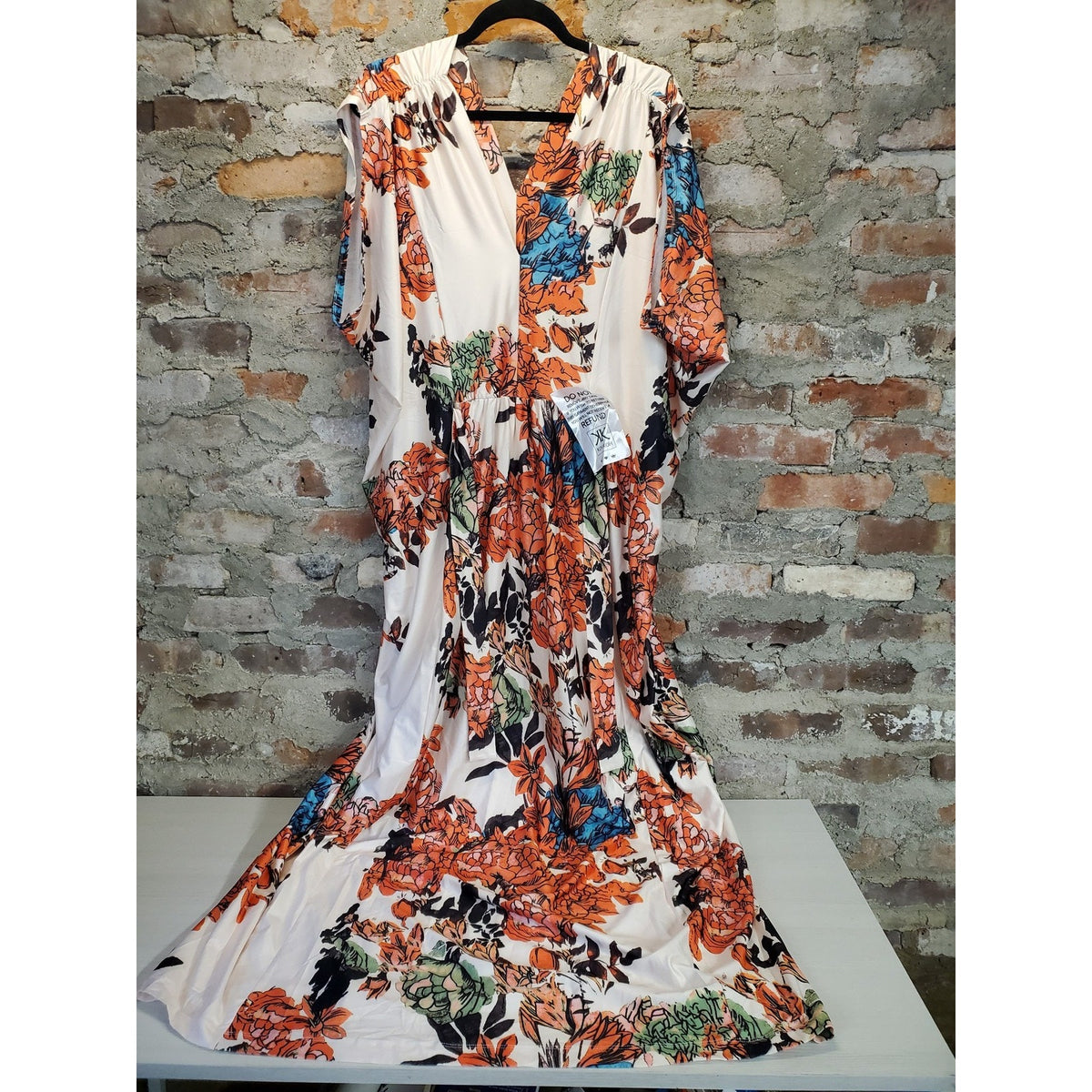 KOH KOH Womens Maxi Dress XL Off White Multicolor Floral V Neck Short Sleeve NWT