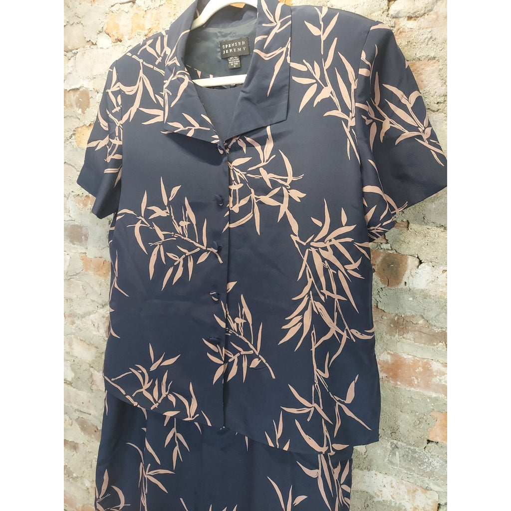 Spenser Jeremy Womens 2 Piece Set Size 16 Navy Peach Bamboo Leaf Print Silk