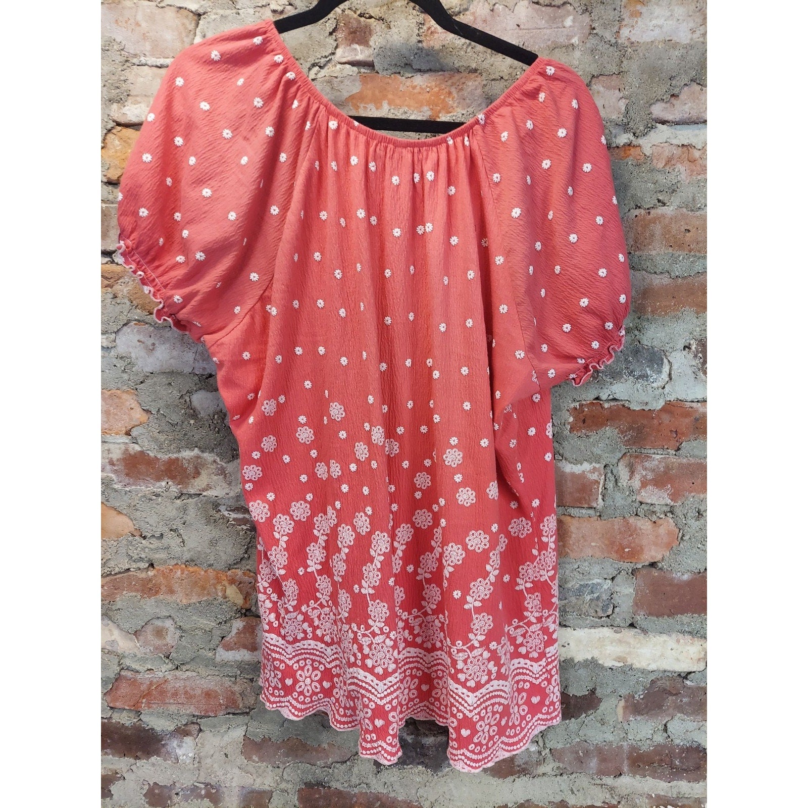 Foz Ali Womens Blouse 2X Coral White Floral Dot Peasant Short Sleeve Top