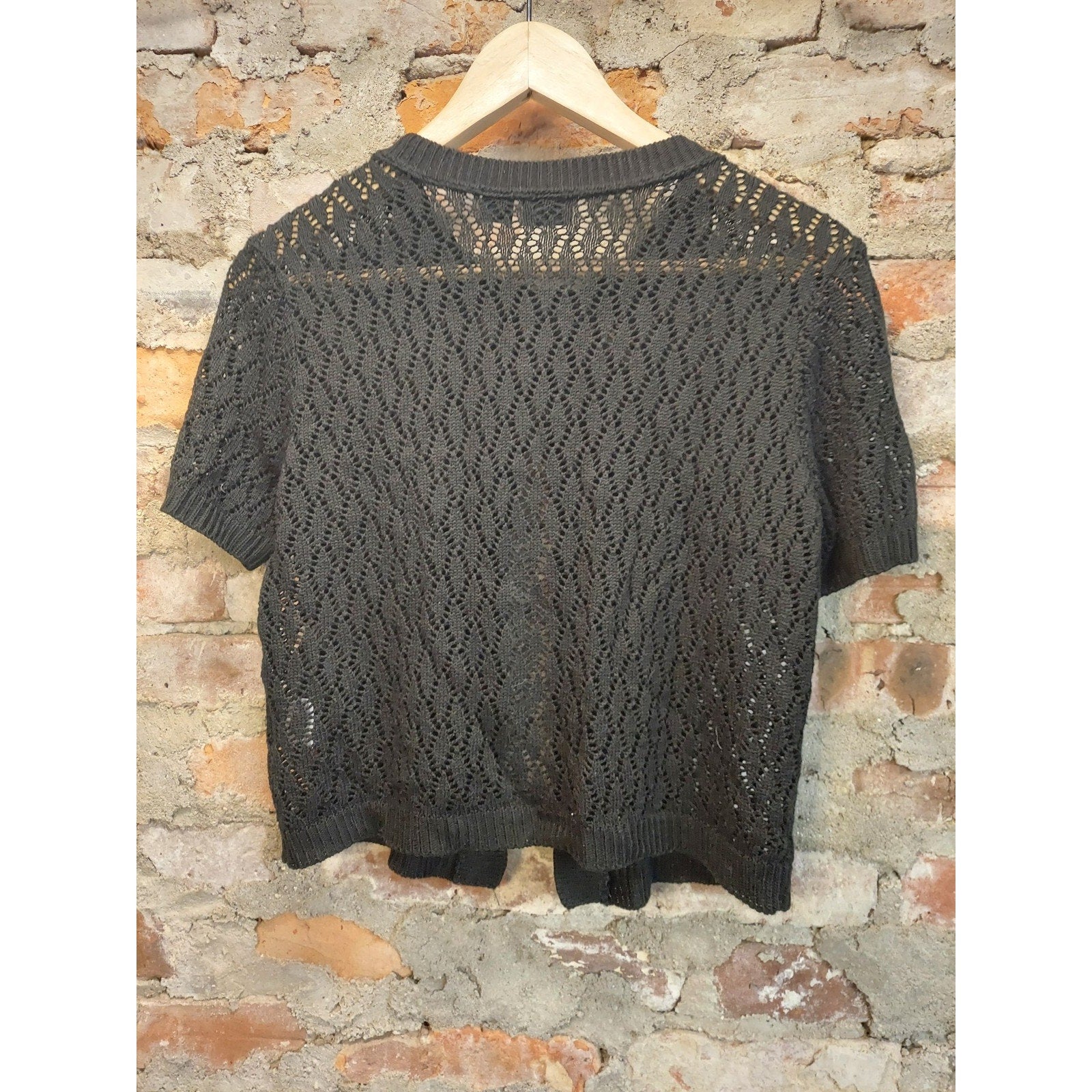 Basic Editions Womens Cardigan M Dark Gray Short Sleeve Open Knit Shrug Button