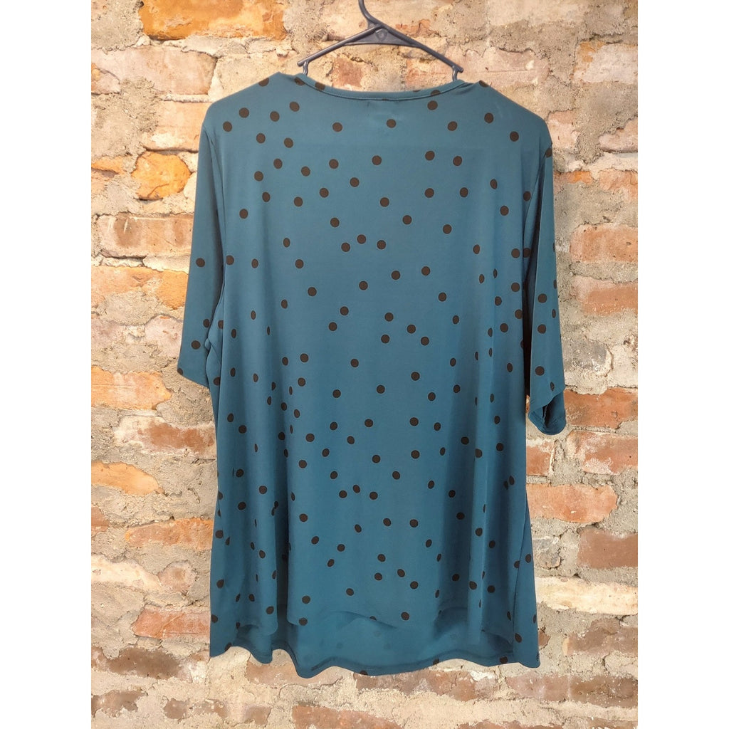 Worthington Woman Womens Tunic Top 1X Teal Blue Brown Polka Dot V Neck Pleated