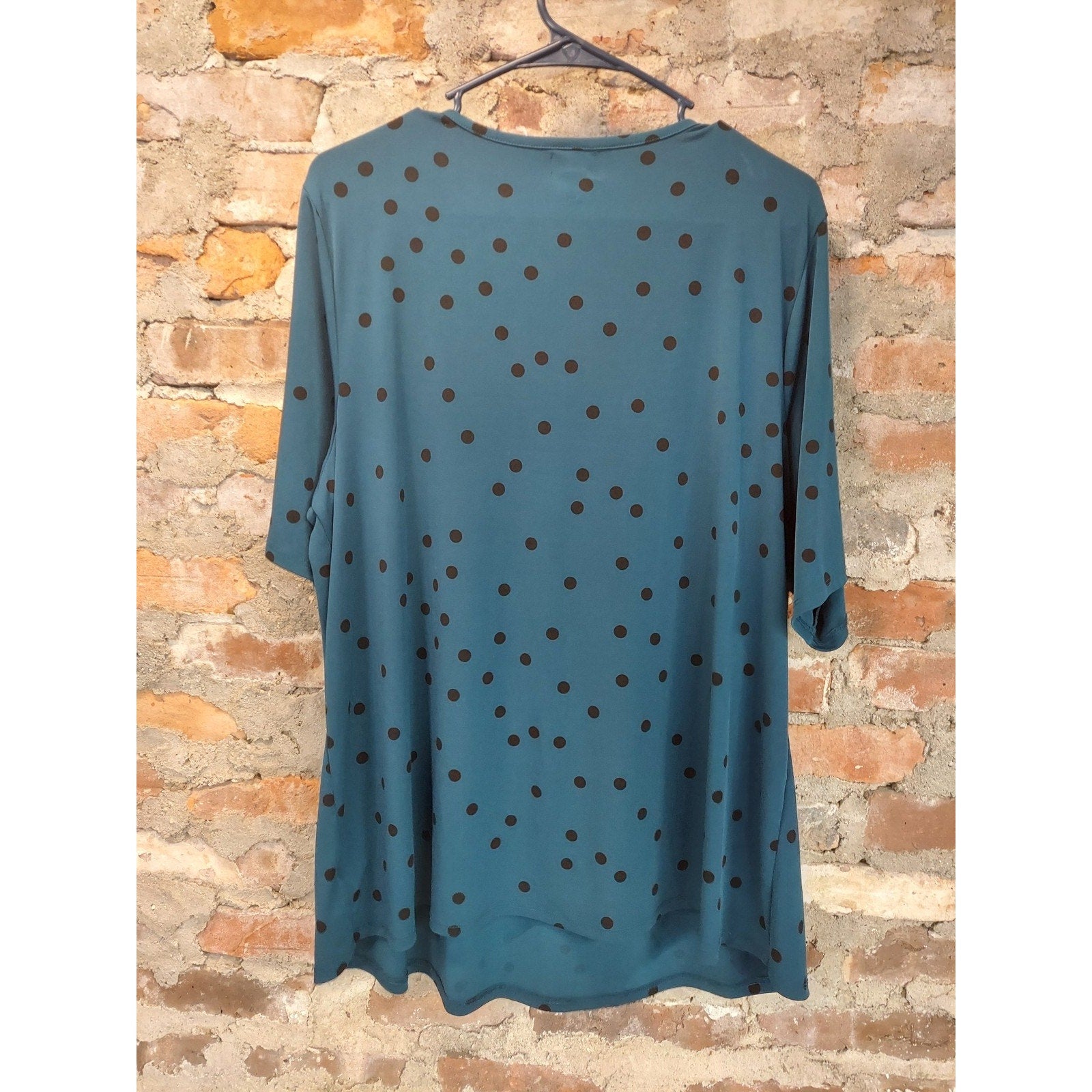 Worthington Woman Womens Tunic Top 1X Teal Blue Brown Polka Dot V Neck Pleated
